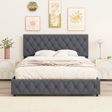 Full Size Upholstered Platform Bed Frame With 4 Storage Drawers, Adjustable Linen Headboard, Wooden Slats Support, No Box Spring Needed, Easy Assembly,Grey Box Spring Not Required Full Grey Wood Bedroom American Design Bed Frame Linen Linen