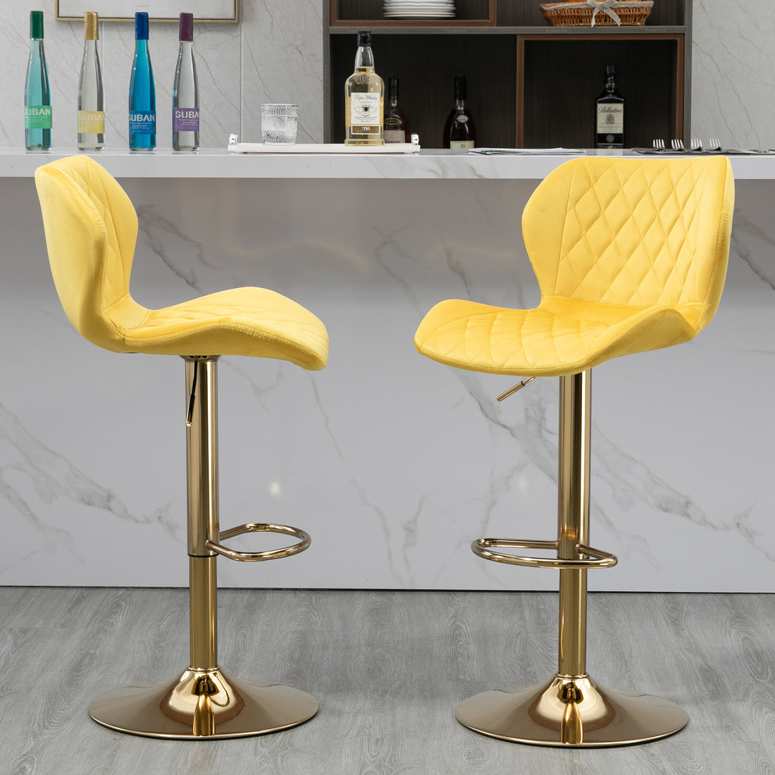 Yellow Velvet Adjustable Swivel Bar Stools Set Of 2 Modern Counter Height Barstools With Golden Color Base Yellow Primary Living Space Modern Bar Stools Foam Velvet