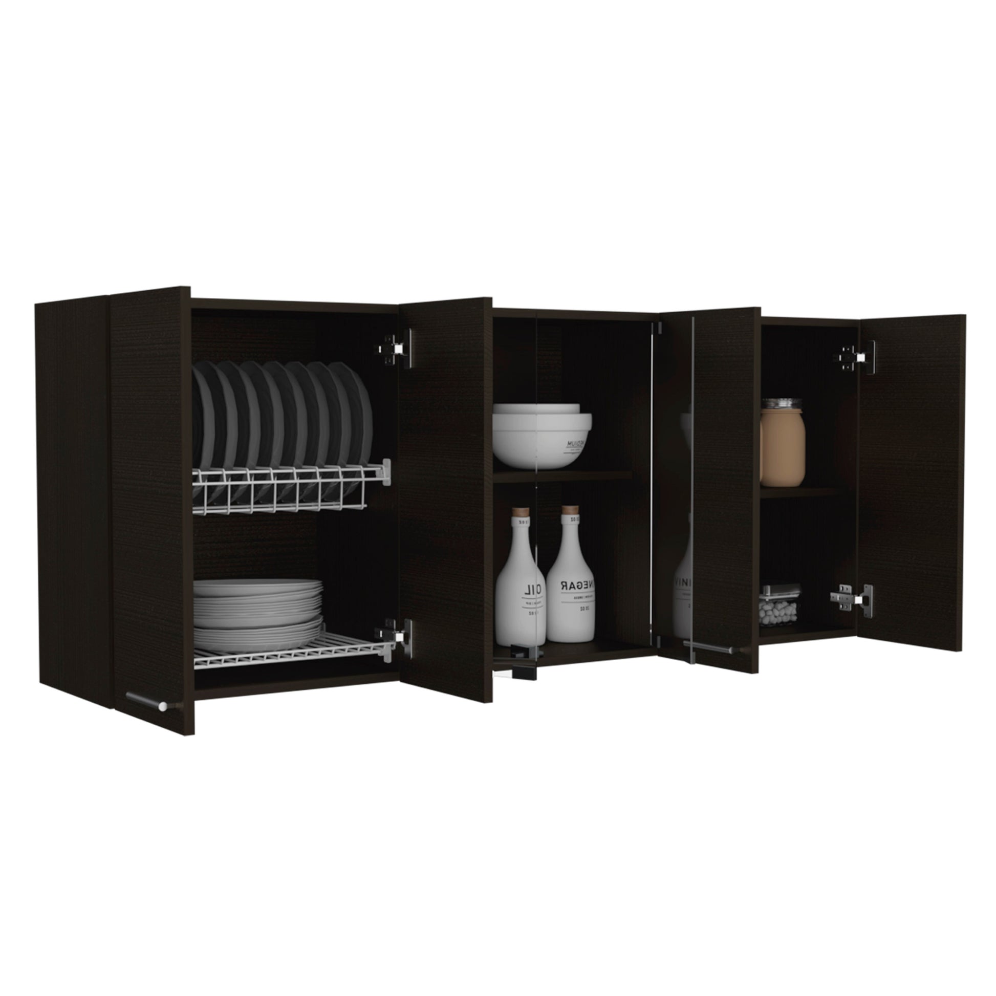 Wall Cabinet 24" H, Four Doors, With Two Internal Shelves And Internal Plate And Glass Organizer, Two Storage Shelves With Two Glass Doors, Black Black Particle Board Particle Board