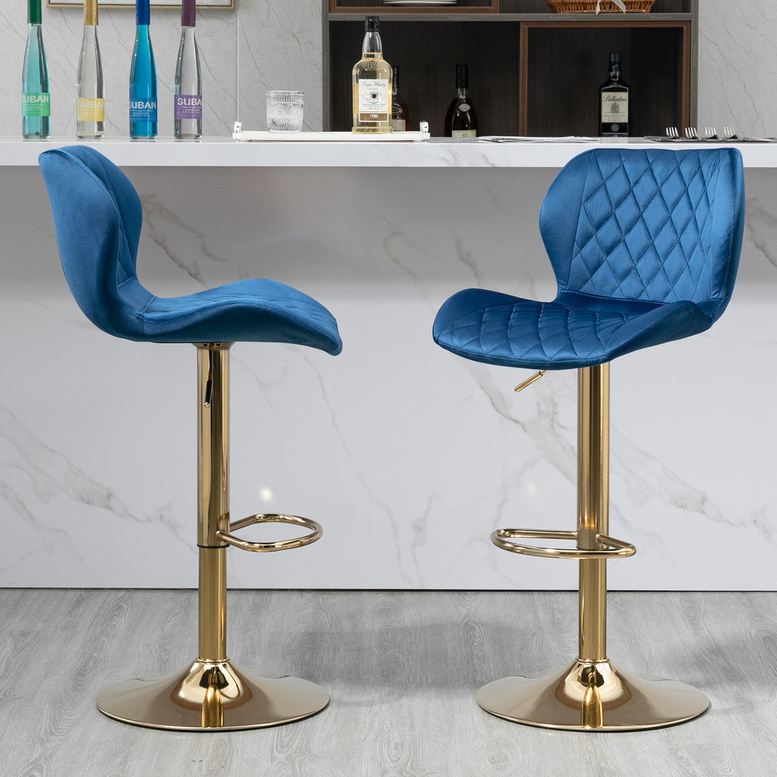 Dark Blue Velvet Adjustable Swivel Bar Stools Set