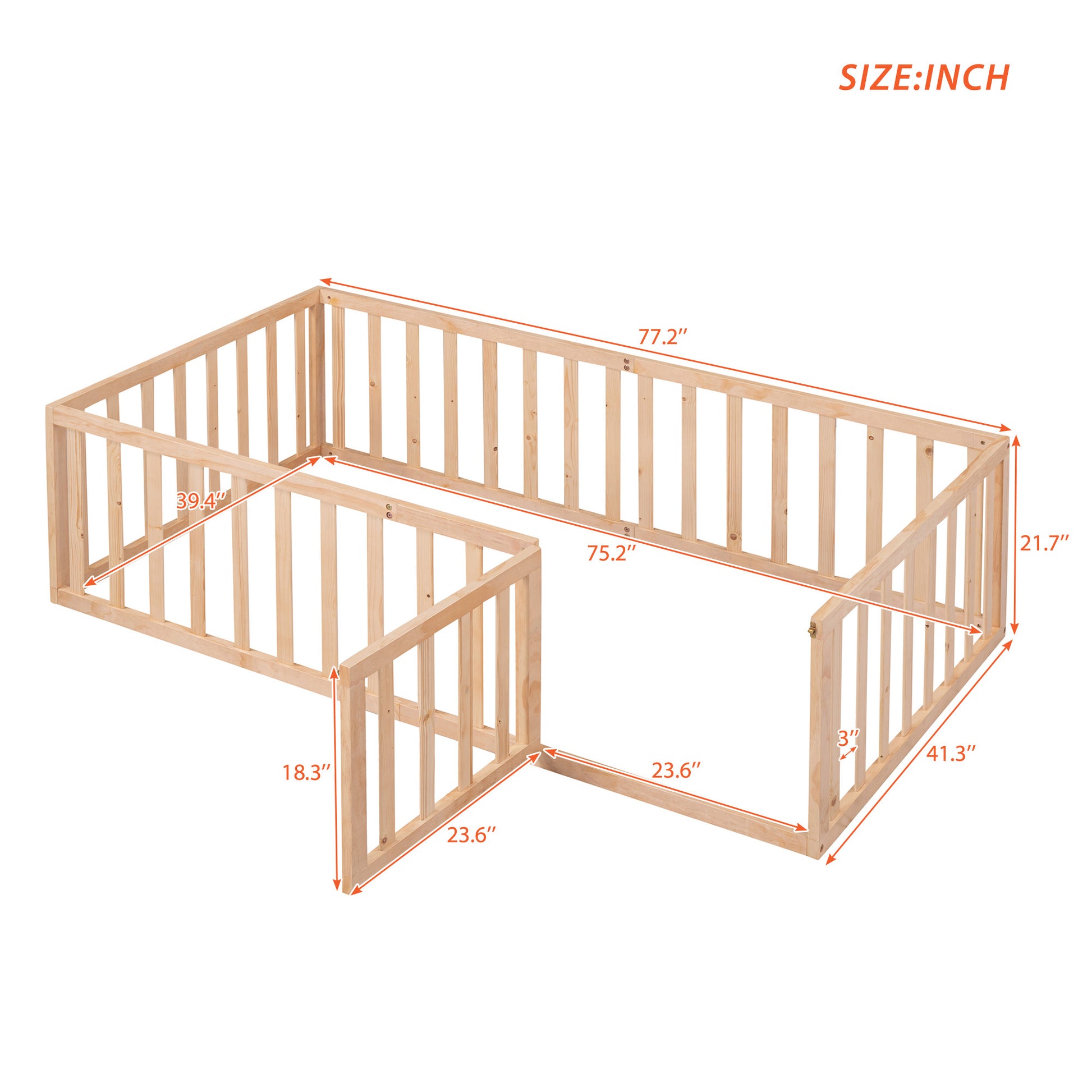 Twin Size Wood Floor Bed Frame With Fence And Door, Natural Old Sku :Wf289661Aam Twin Natural Solid Wood