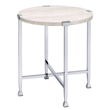 White Oak And Chrome End Table With X Shape Base White Silver White Primary Living Space Modern Round Wood Metal