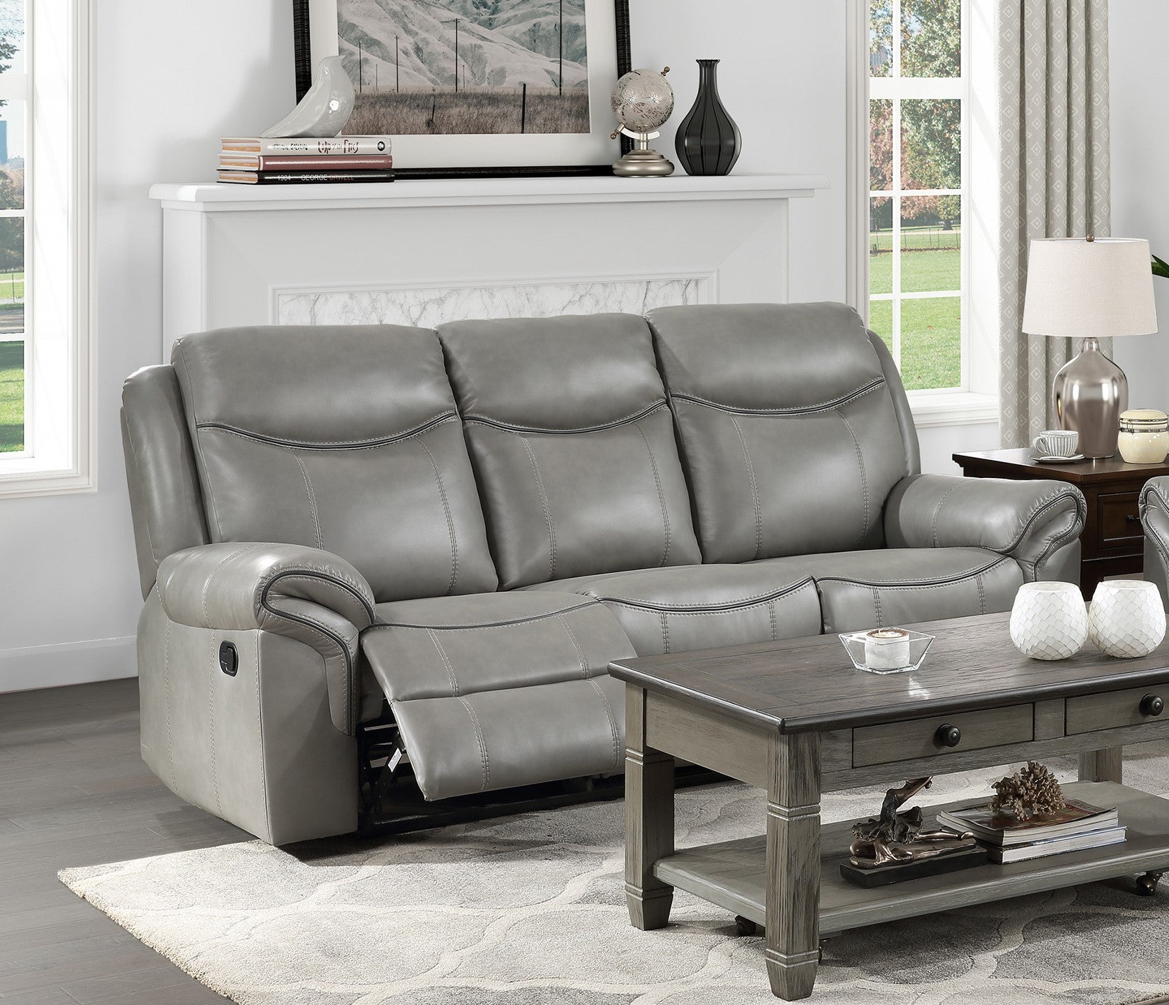 Gray 1Pc Double Reclining Sofa W Drop Down Cup Holders, Power Outlets Usb Ports Hidden Drawer Faux Leather Upholstery Comfortable Sofa Living Room Furniture Gray Faux Leather Wood Primary Living Space Solid Wood 3 Seat