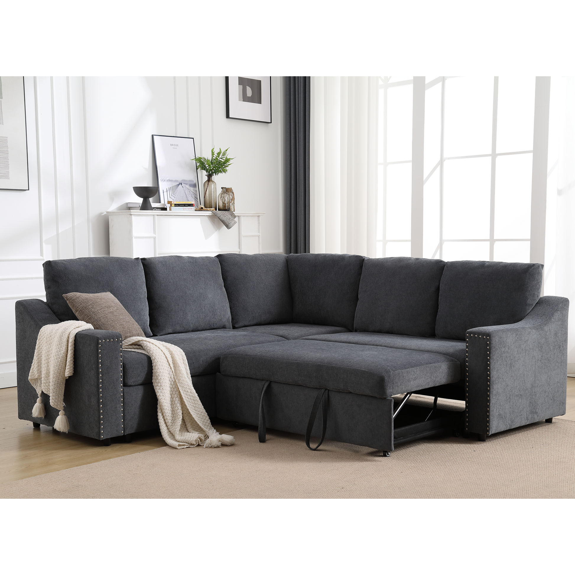 Arrived L Shaped Sofa With Pull Out Sofa Bed, Corner Sofa,Comfortable Living Room Furniture Set, Sleeper Sofa Bed,Corner Seat For Two With Broaching Sofa,Rivet Dechenille,Gray Gray Polyester Wood Primary Living Space Modern Polyester 5 Seat