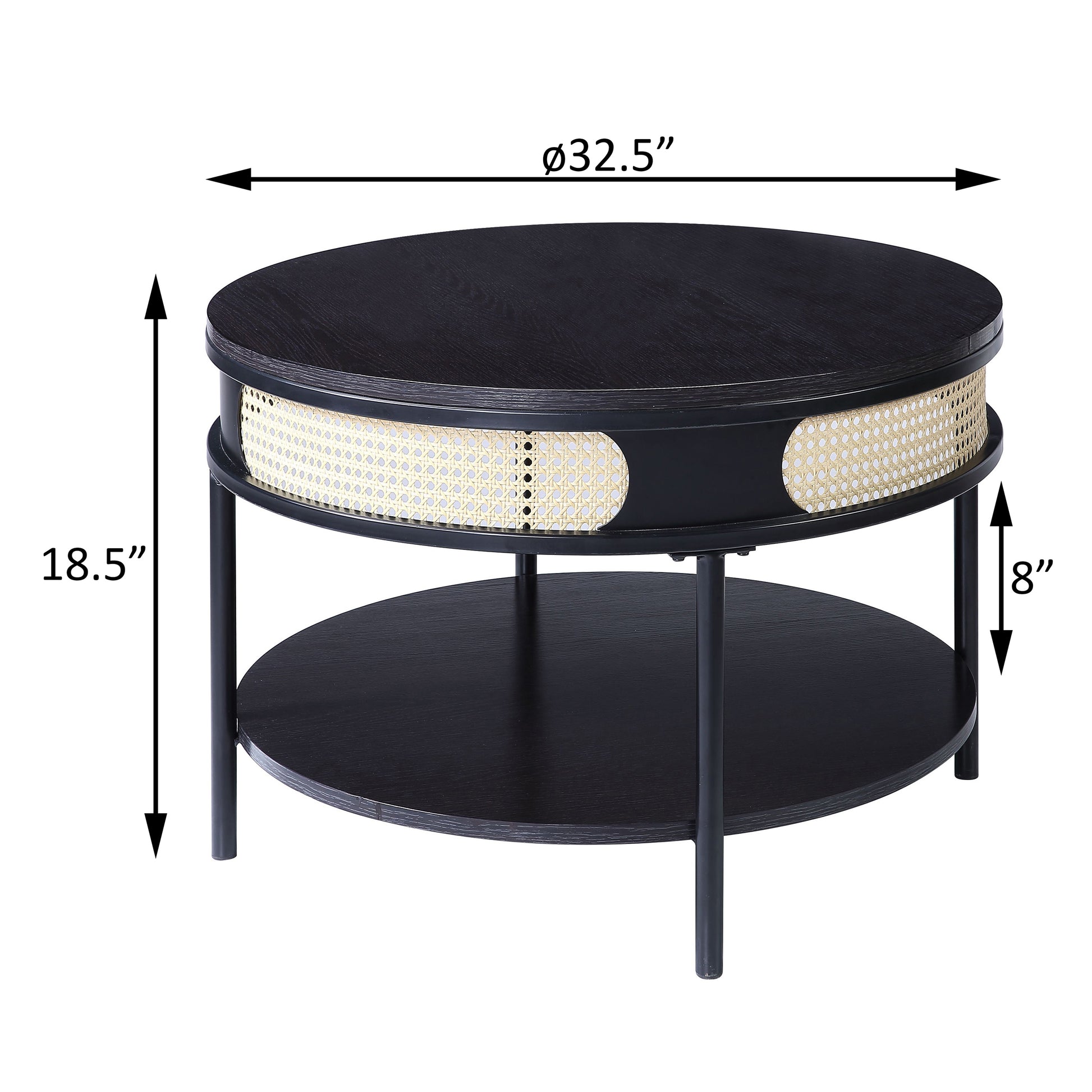 Black Round Coffee Table With Bottom Shelf Black Primary Living Space Modern Shelves Round Wood Metal