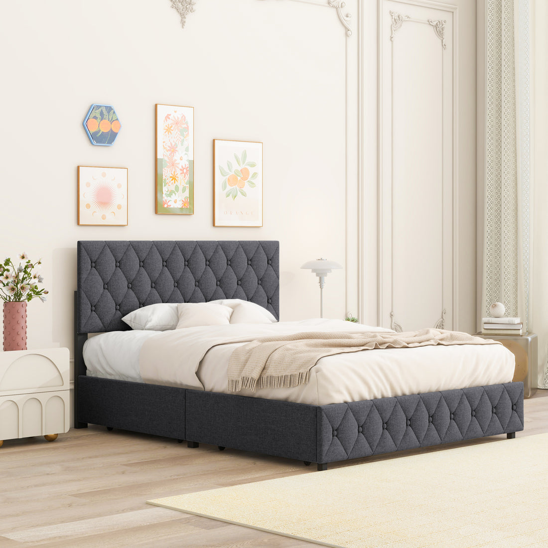 Queen Size Upholstered Platform Bed Frame With 4 Storage Drawers, Adjustable Linen Headboard, Wooden Slats Support, No Box Spring Needed, Easy Assembly,Grey Box Spring Not Required Queen Grey Wood Bedroom American Design Bed Frame Linen Linen