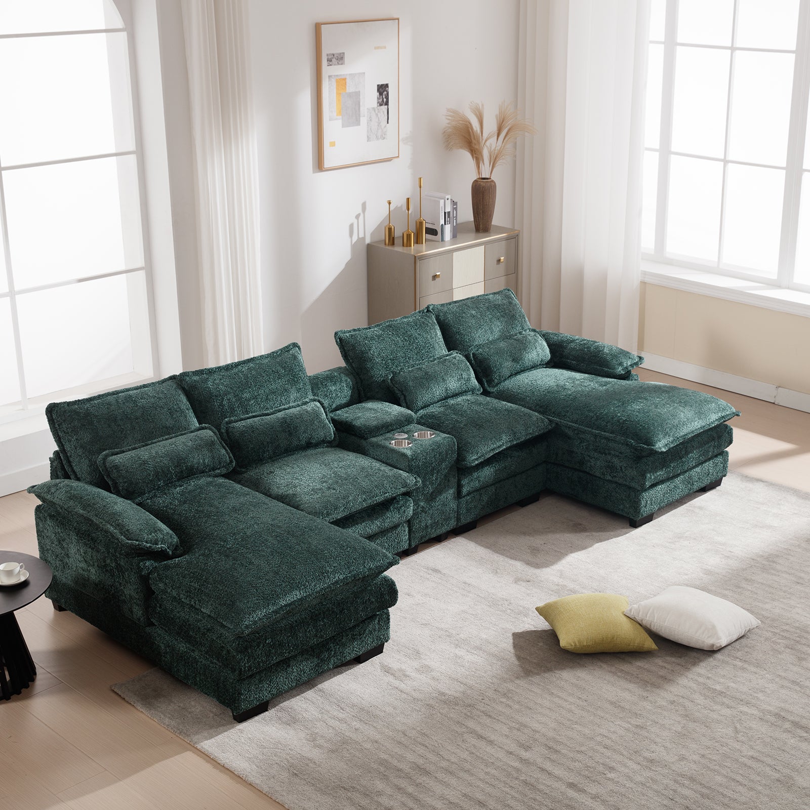 U Shaped Sofa Couch With Console Green Green Chenille 4 Seat