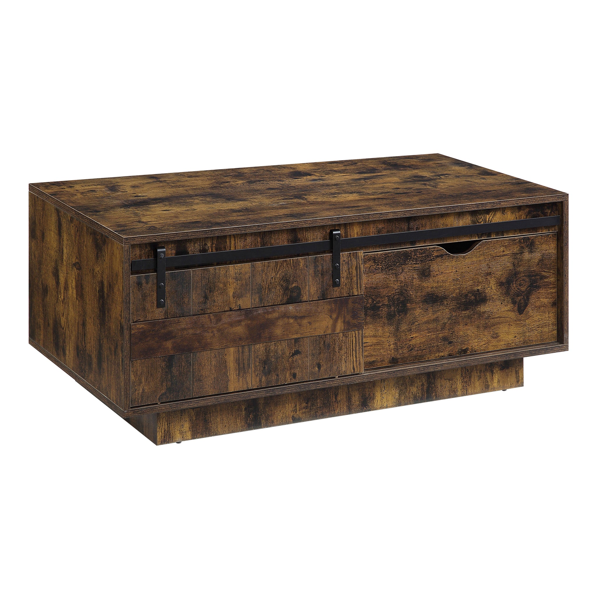 Rustic Oak Coffee Table With Sliding Barn Door Rustic Primary Living Space Farmhouse,Modern Drawers Rectangular Wood Metal Pedestal