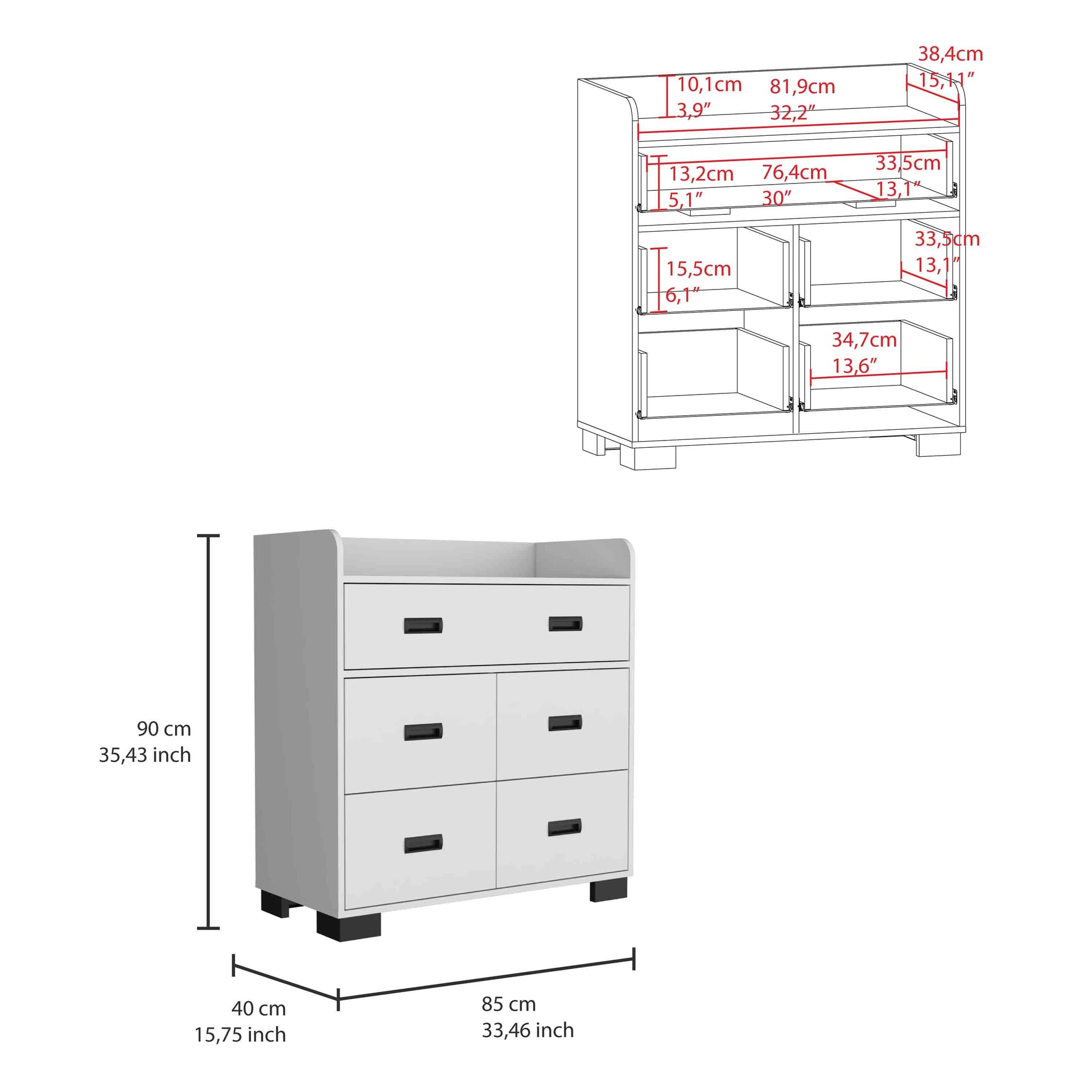 Alyn Dresser, Four Legs, Four Drawers, One Double Drawer, Superior Top White White Bedroom Modern Particle Board Particle Board