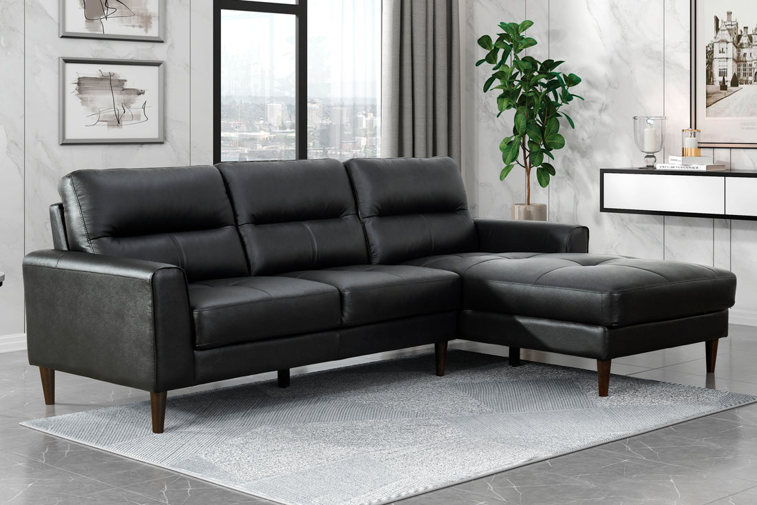 Modern Living Room 2 Piece Sectional Sofa Chaise Black Top Grain Leather Upholstered Solid Wood Furniture Black Genuine Leather Wood Primary Living Space Modern L Shaped Solid Wood 3 Seat