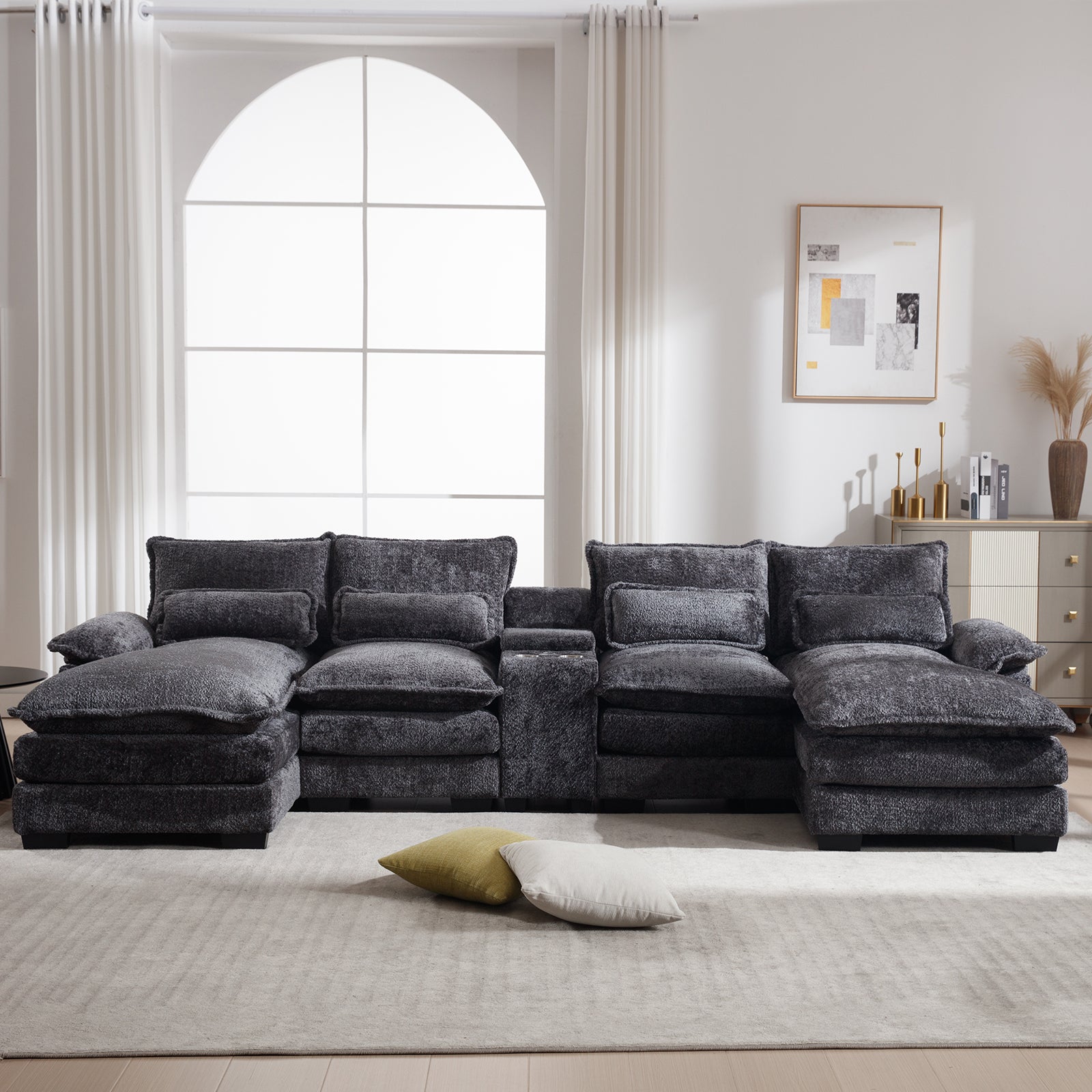 U Shape Sofa Gray Solid Wood 4 Seat