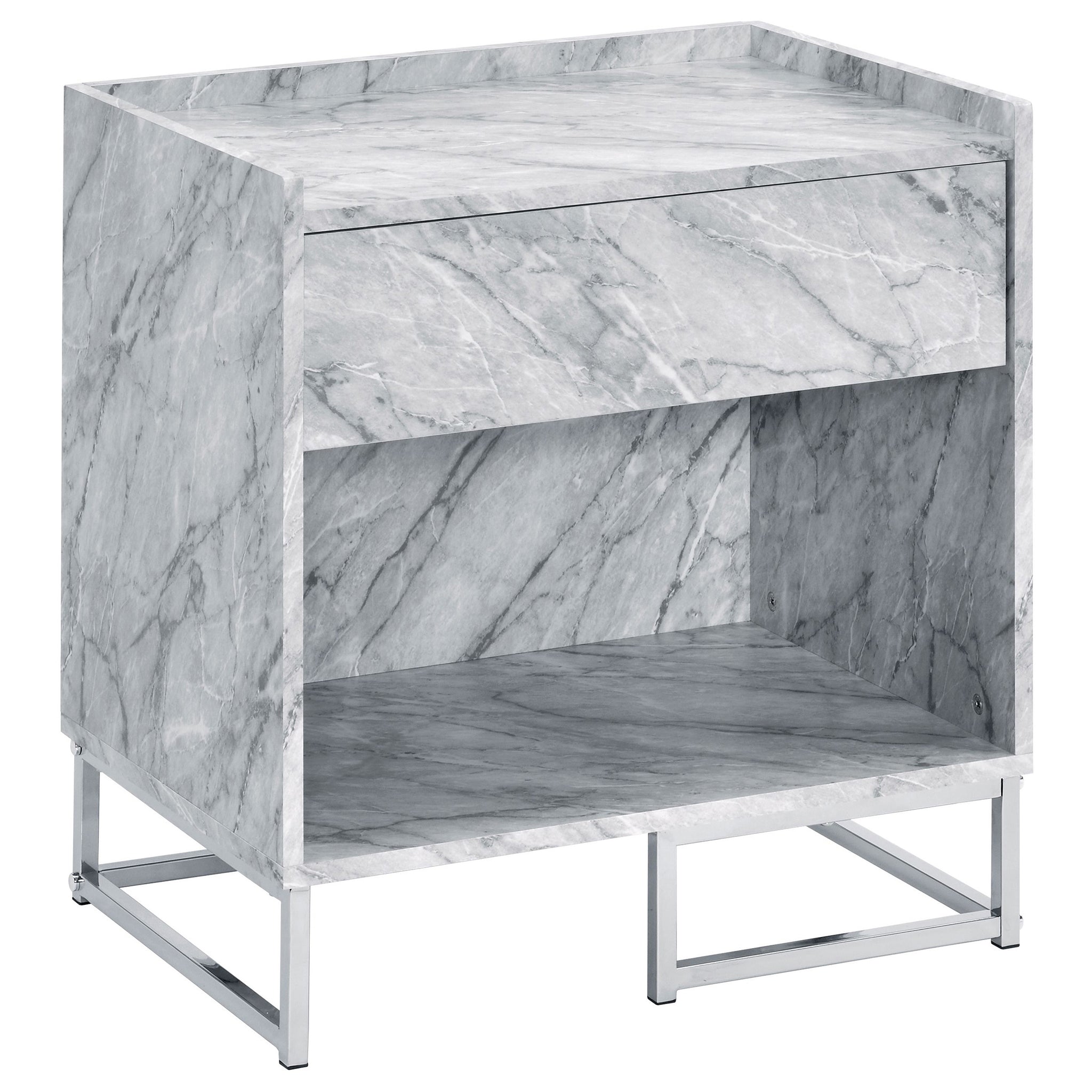 White Printed Faux Marble And Chrome Accent Table White Silver Primary Living Space Modern Drawers Rectangular Wood Metal Sled