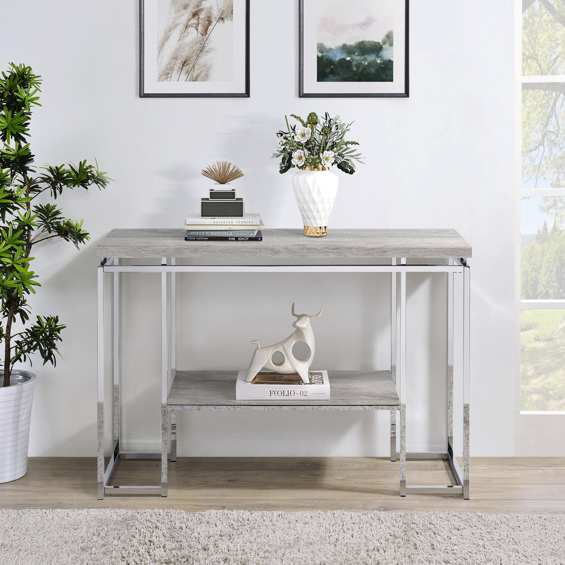 Natural Oak And Chrome Sofa Table Grey Silver Primary Living Space Contemporary Shelves Rectangular Wood Metal Sled