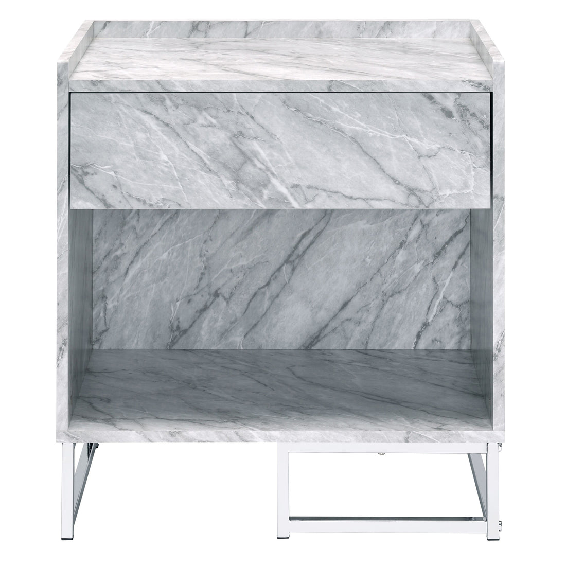 White Printed Faux Marble And Chrome Accent Table White Silver Primary Living Space Modern Drawers Rectangular Wood Metal Sled