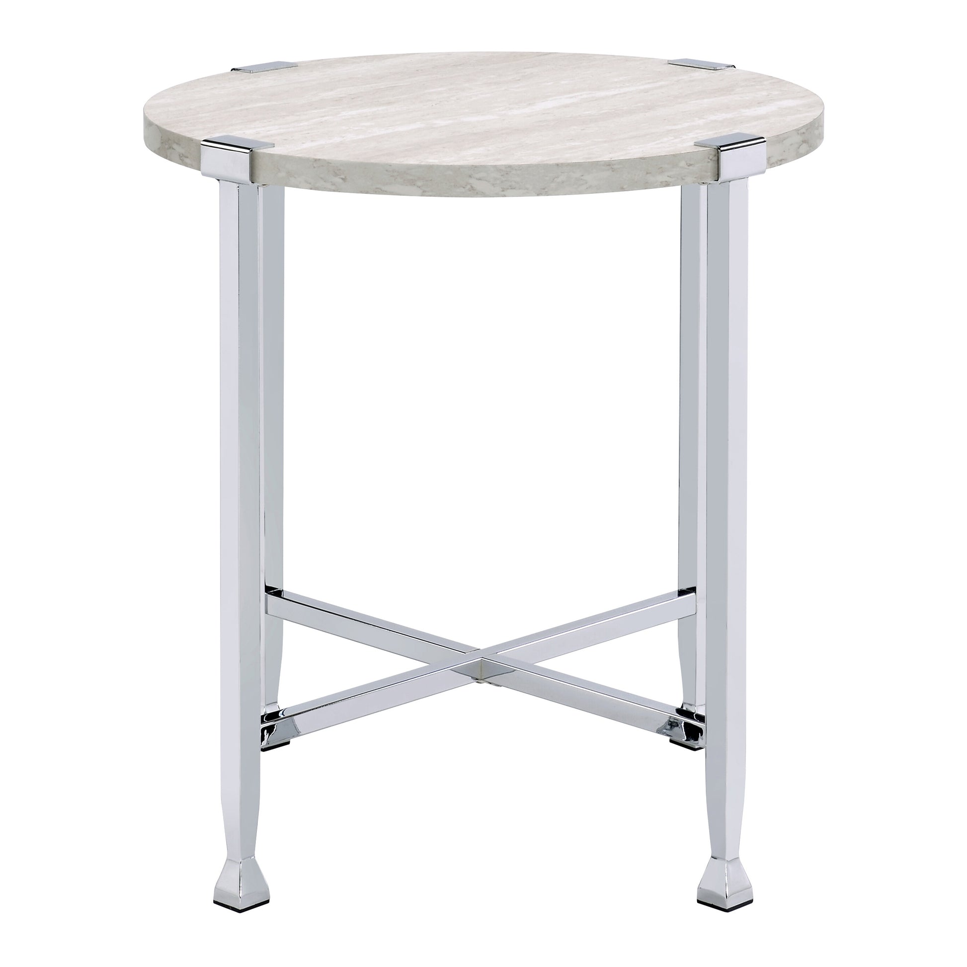 White Oak And Chrome End Table With X Shape Base White Silver White Primary Living Space Modern Round Wood Metal
