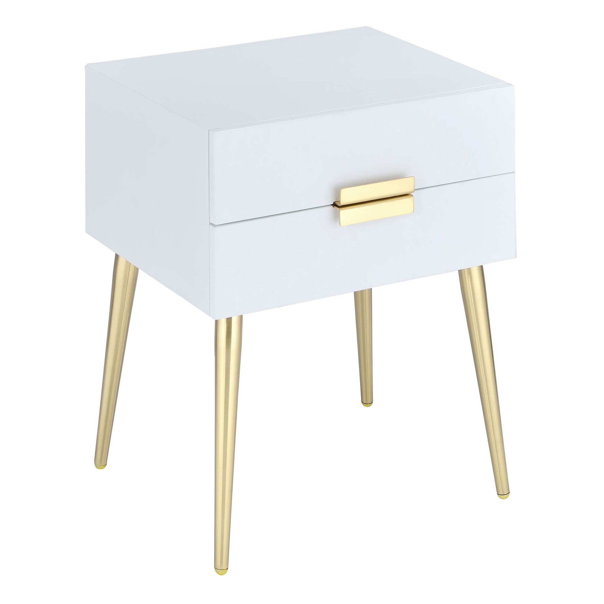 White And Gold Side Table With 2 Drawer White Gold White Primary Living Space Mid Century Modern Drawers Square Wood Metal