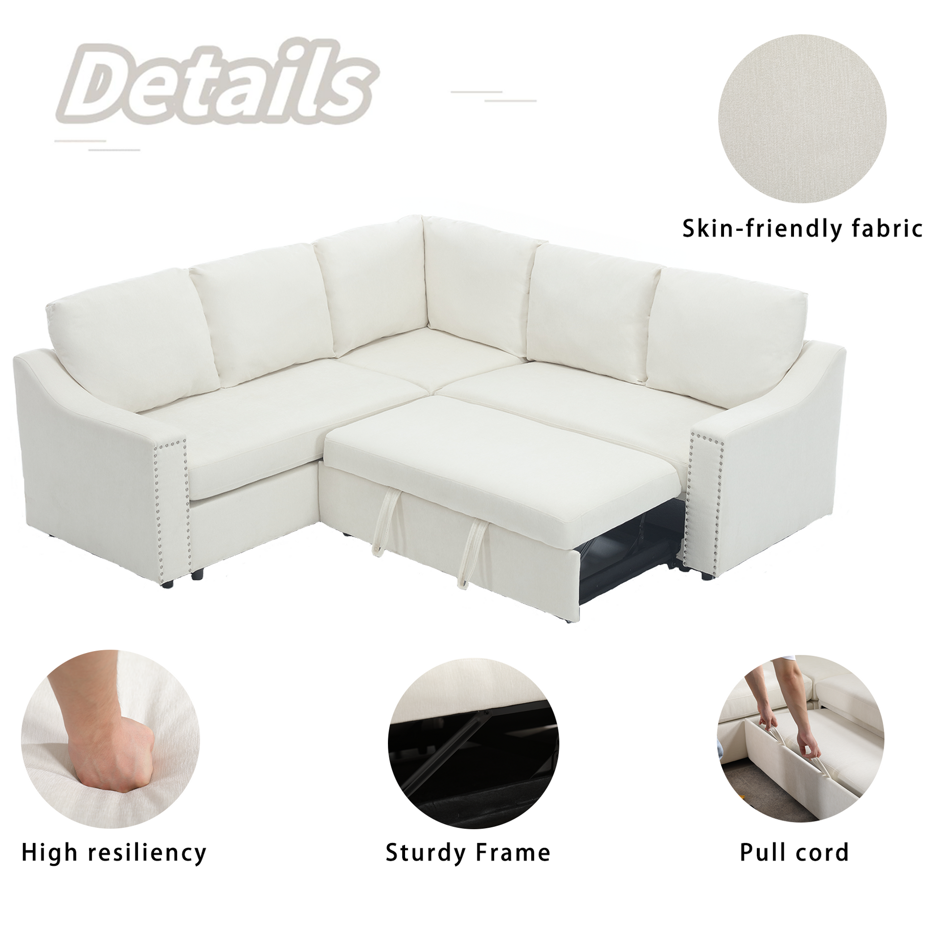 Arrived L Shaped Sofa With Pull Out Sofa Bed, Corner Sofa,Comfortable Living Room Furniture Set, Sleeper Sofa Bed,Corner Seat For Two With Broaching Sofa,Rivet Dechenille,Beige Beige Polyester Wood Primary Living Space Modern Polyester 5 Seat