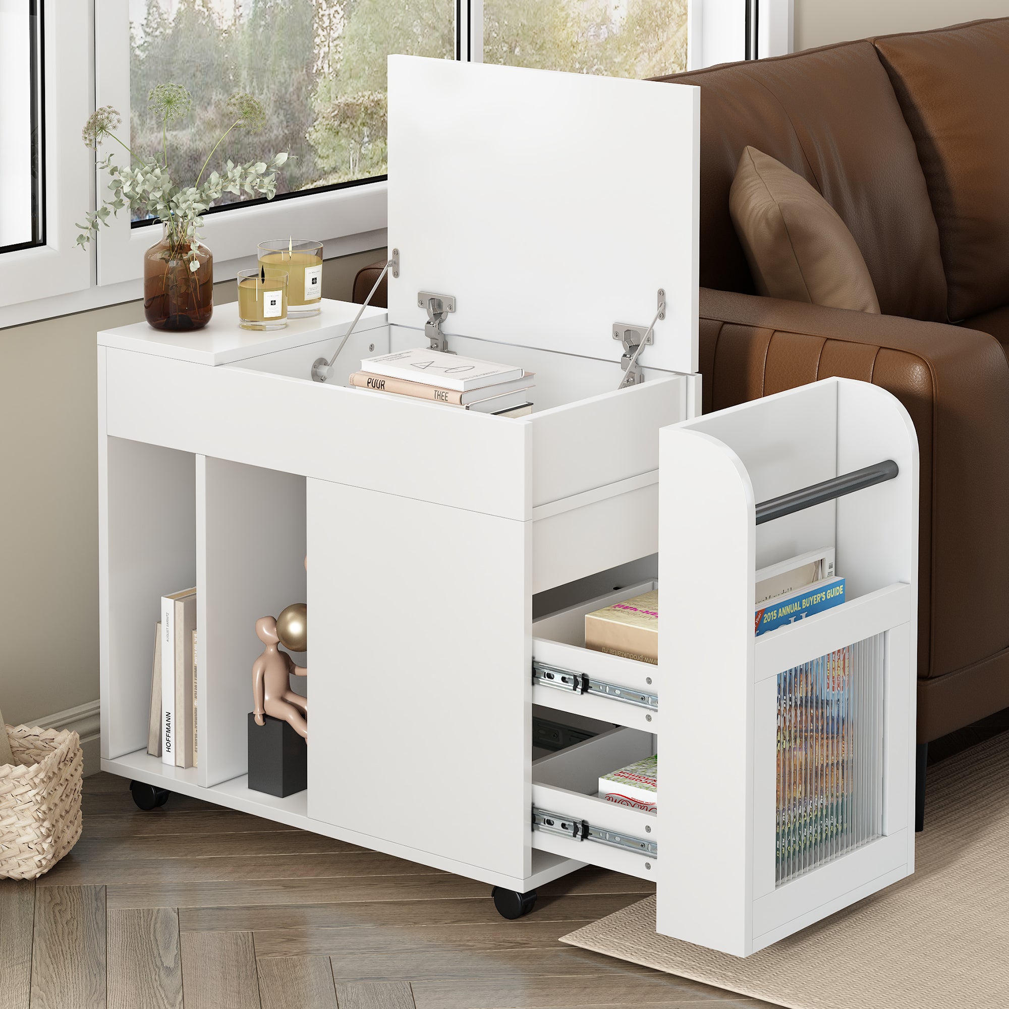 Multifunctional End Table With Wheels, Side Table With Tempered Glass
