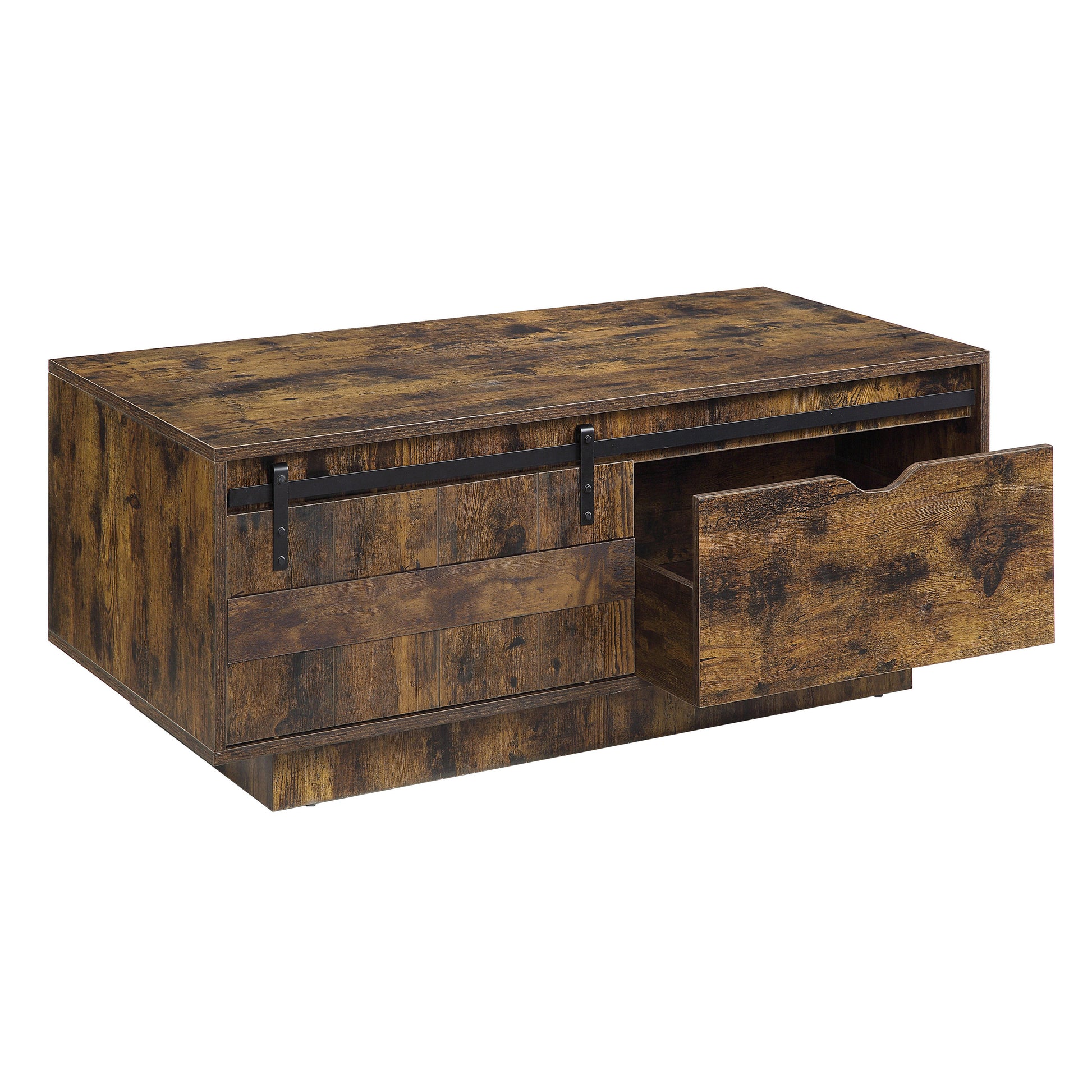 Rustic Oak Coffee Table With Sliding Barn Door Rustic Primary Living Space Farmhouse,Modern Drawers Rectangular Wood Metal Pedestal