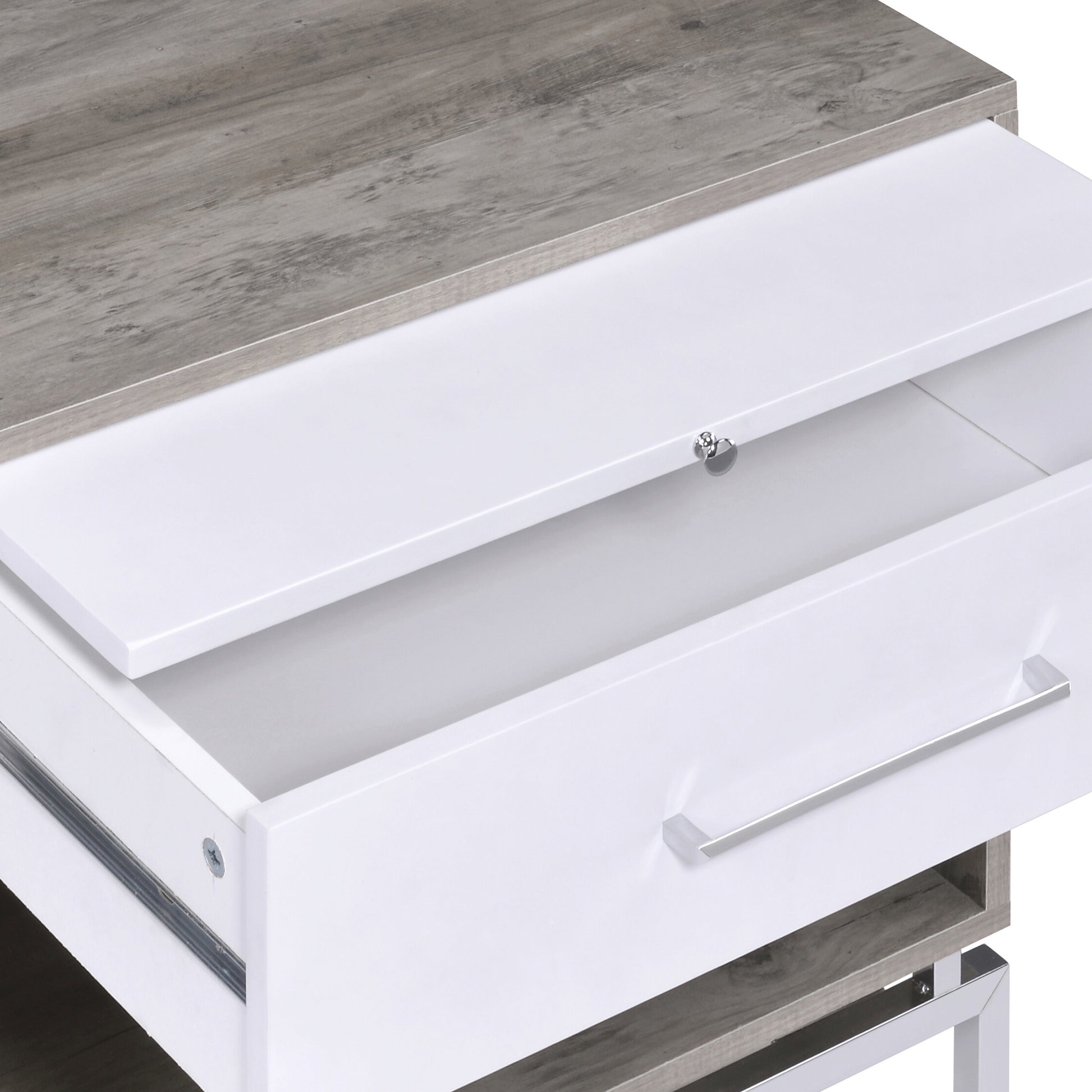 Weathered Grey Oak And White Accent Table Grey White Primary Living Space Drawers Rectangular Wood Metal