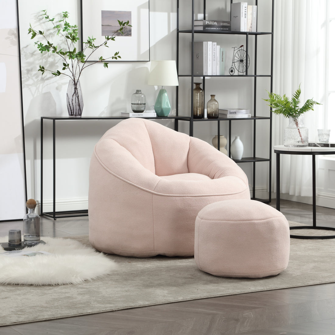 Bedding Bean Bag Sofa Chair High Pressure Foam Bean Bag Chair Adult Material With Padded Foam Padding Compressed Bean Bag With Footrest Pink Microfiber