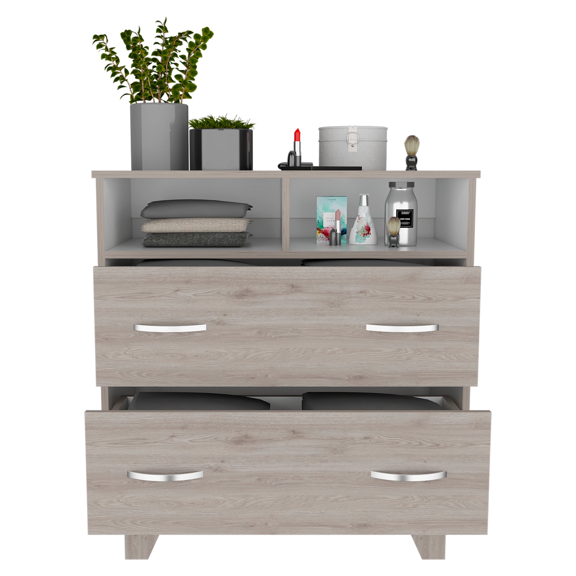 Portanova Two Drawer Dresser, Two Open Shelves, Superior Top, Four Legs Light Gray White Gray Bedroom Modern Particle Board Particle Board