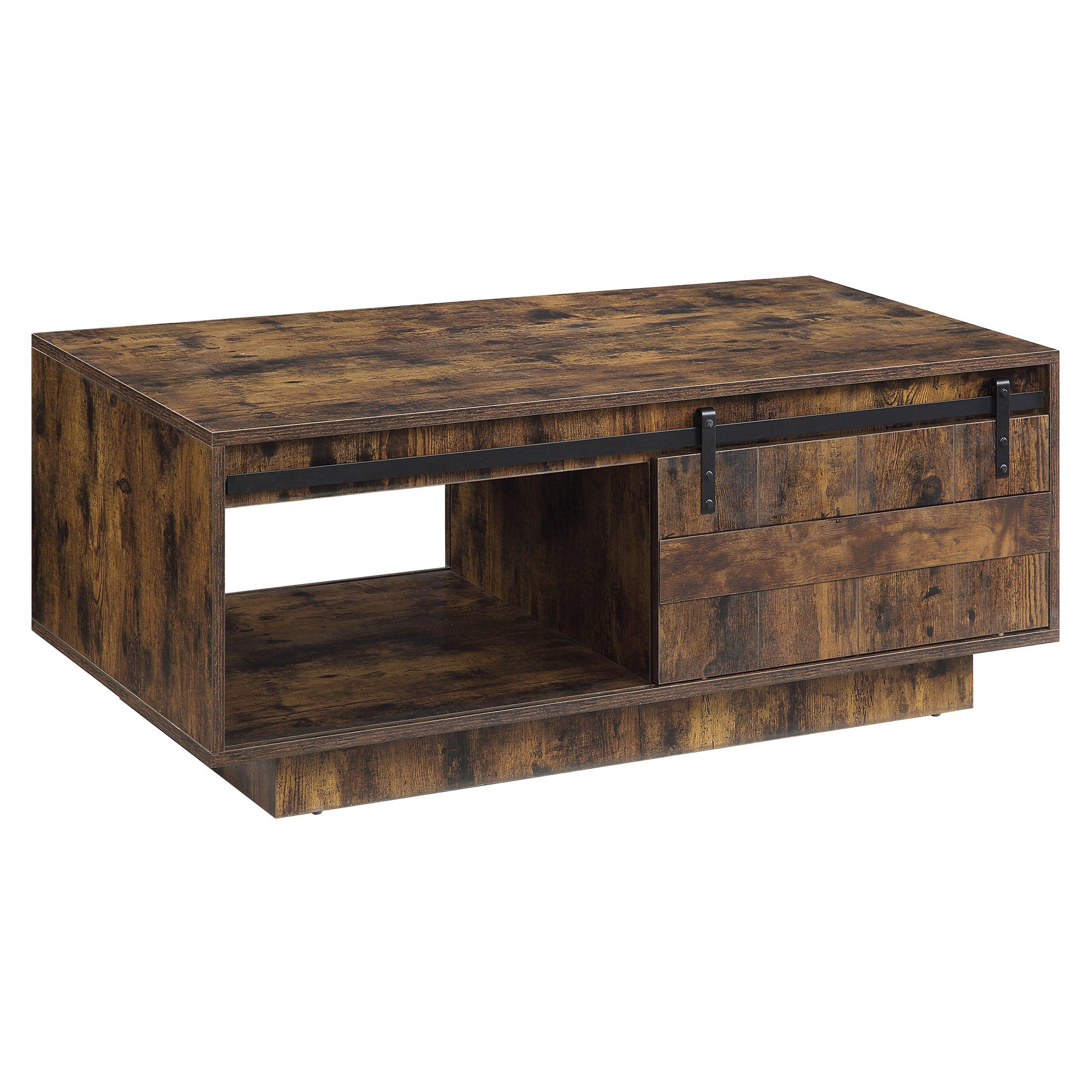 Rustic Oak Coffee Table With Sliding Barn Door Rustic Primary Living Space Farmhouse,Modern Drawers Rectangular Wood Metal Pedestal