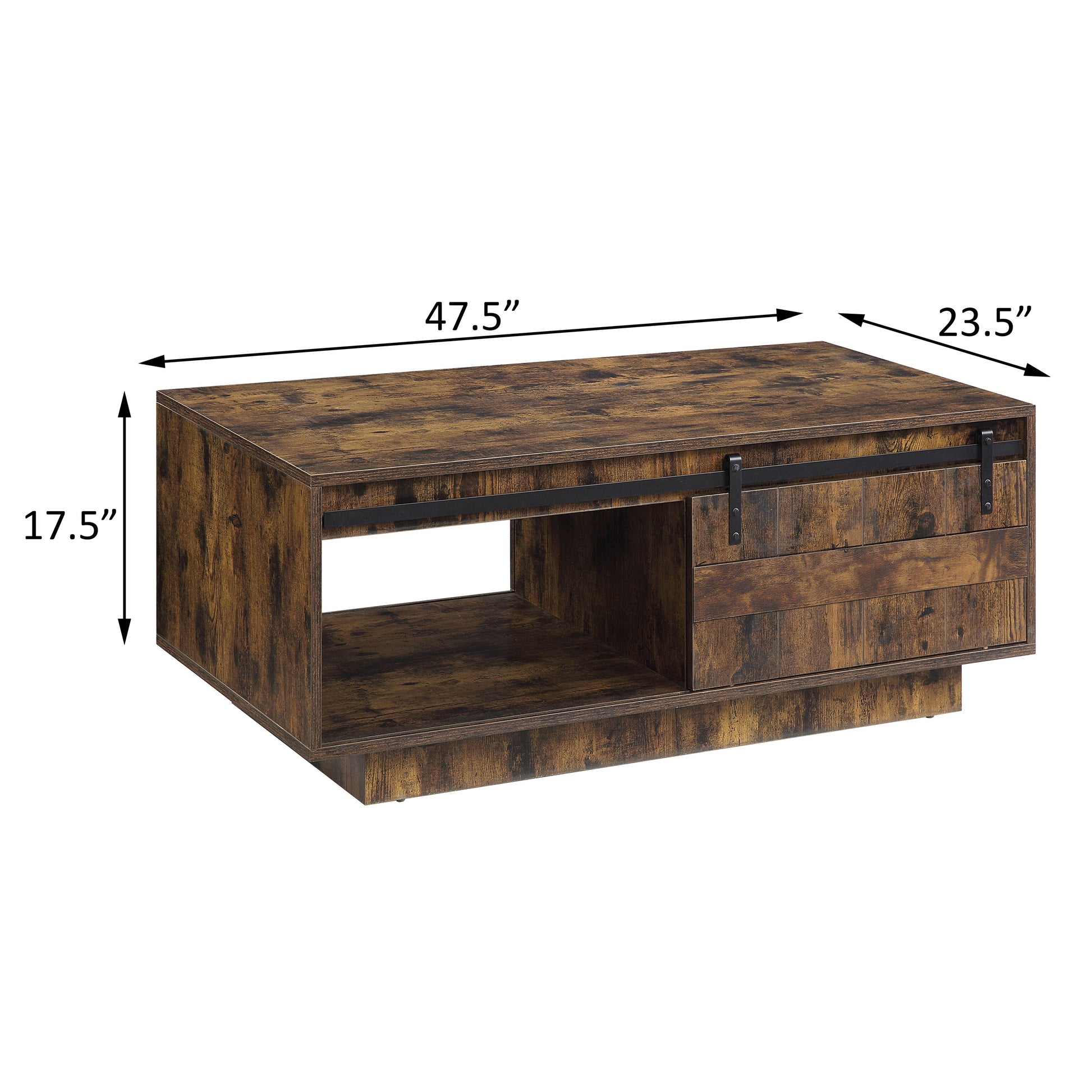 Rustic Oak Coffee Table With Sliding Barn Door Rustic Primary Living Space Farmhouse,Modern Drawers Rectangular Wood Metal Pedestal