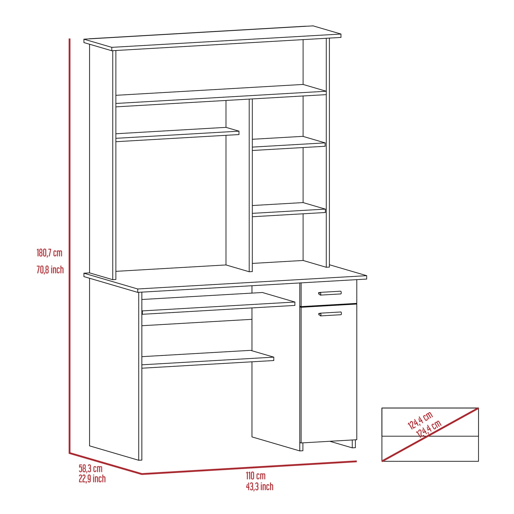 Compu 180 Hutch Desk, Multiple Shelves, Retractable Keyboard Tray, Cpu Door Panel, One Drawer, Grey Oak Smokey Oak Gray Computer Desk Office Modern Freestanding Rectangular Desk Rectangular Particle Board Particle Board