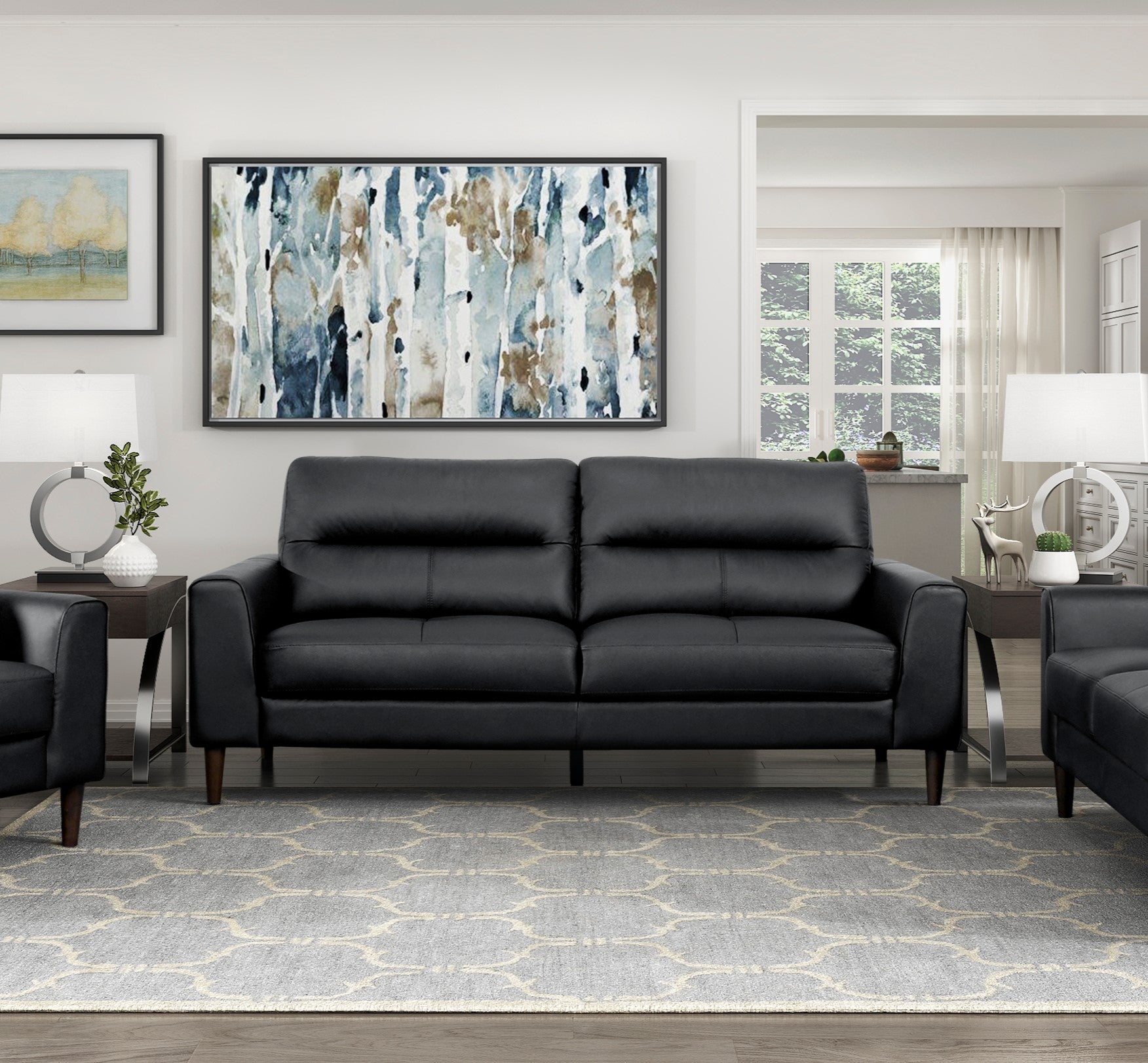 Modern Living Room Furniture Black Top Grain Leather Sofa 1Pc Cushion Seat And Back Solid Wood Frame Black Genuine Leather Wood Primary Living Space Modern Solid Wood 2 Seat