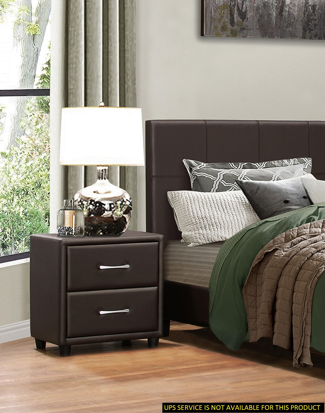 Contemporary Design 1Pc Bedroom Furniture Two Drawers Nightstand Silver Tone Bar Pulls Faux Leather Upholstery, Dark Brown Pvc Dark Brown 2 Drawers Bedside Cabinet Bedroom Contemporary,Traditional Drawers Plywood