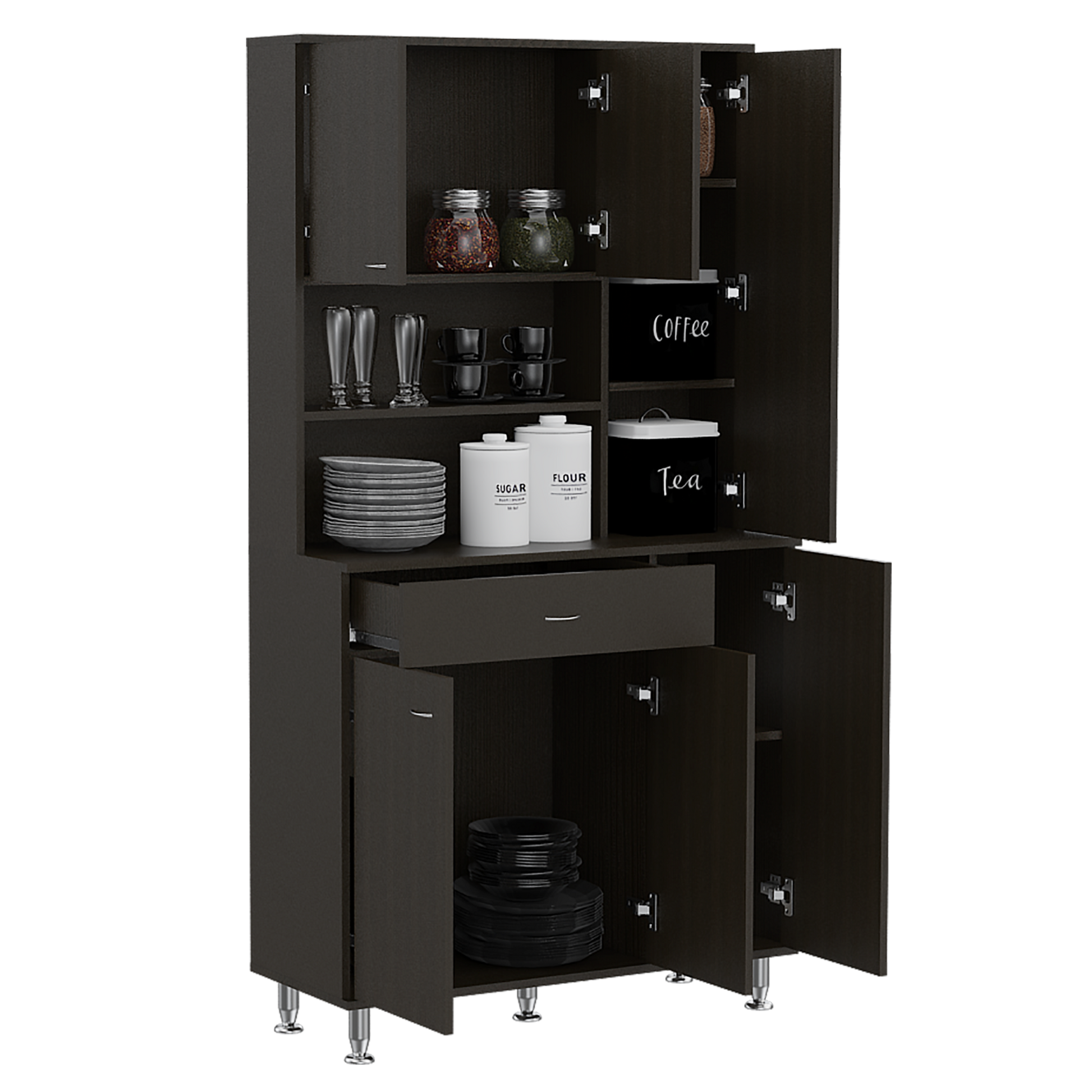 Della 90 Kitchen Pantry, One Drawer, Multiple Cabinets, Two Open Shelves Black Black Kitchen Modern Particle Board Particle Board