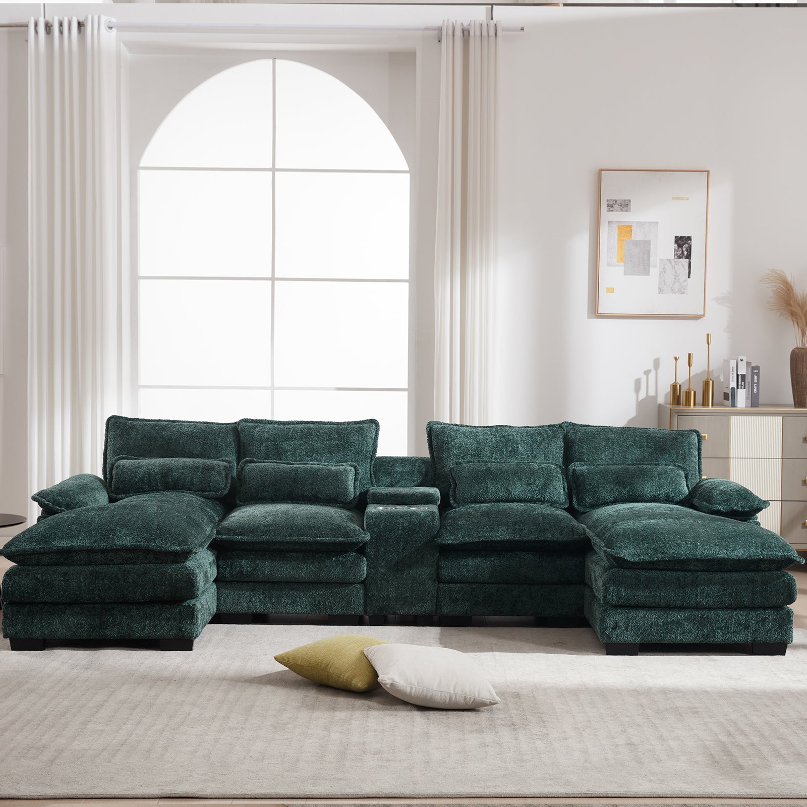 U Shaped Sofa Couch With Console Green Green Chenille 4 Seat