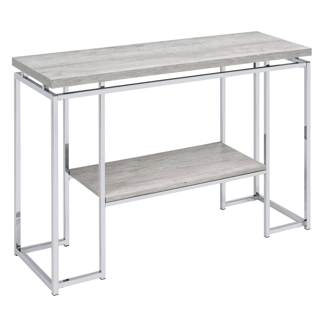 Natural Oak And Chrome Sofa Table Grey Silver Primary Living Space Contemporary Shelves Rectangular Wood Metal Sled