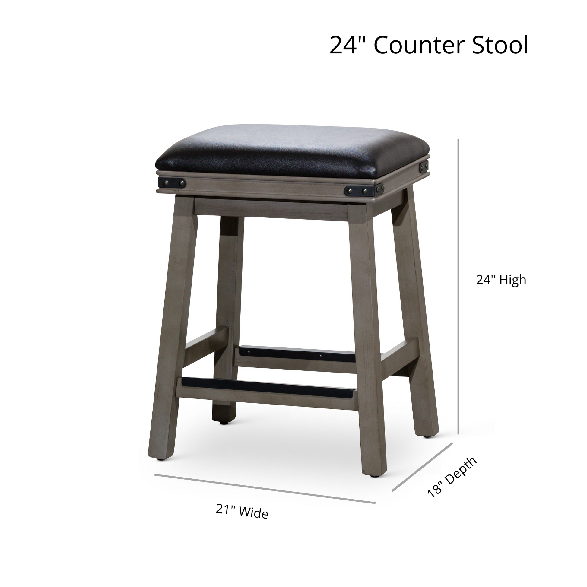 24" Counter Stool, Antique White Finish, Black Leather Seat Antique White Bonded Leather