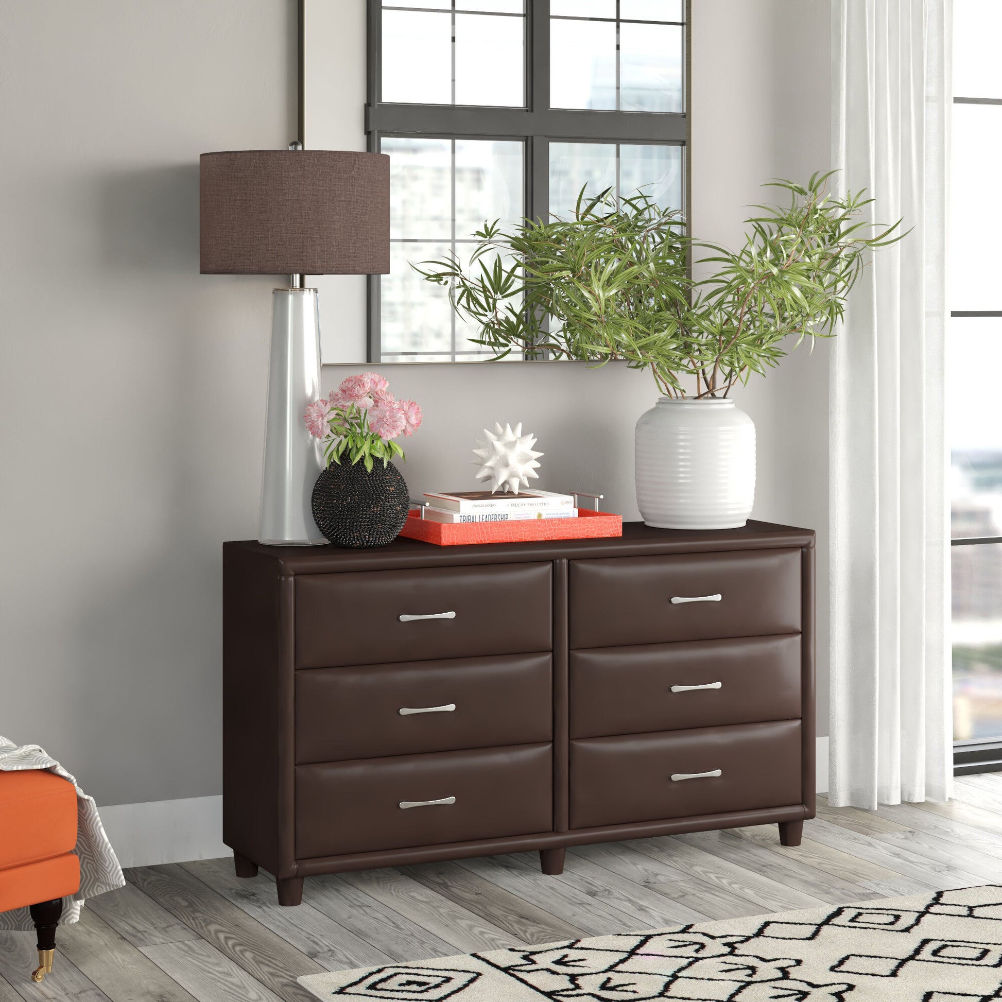 Contemporary Design Bedroom 1Pc Dresser Of 6 Drawers Faux Leather Upholstery, Dark Brown Furniture Dark Brown Bedroom Contemporary Plywood