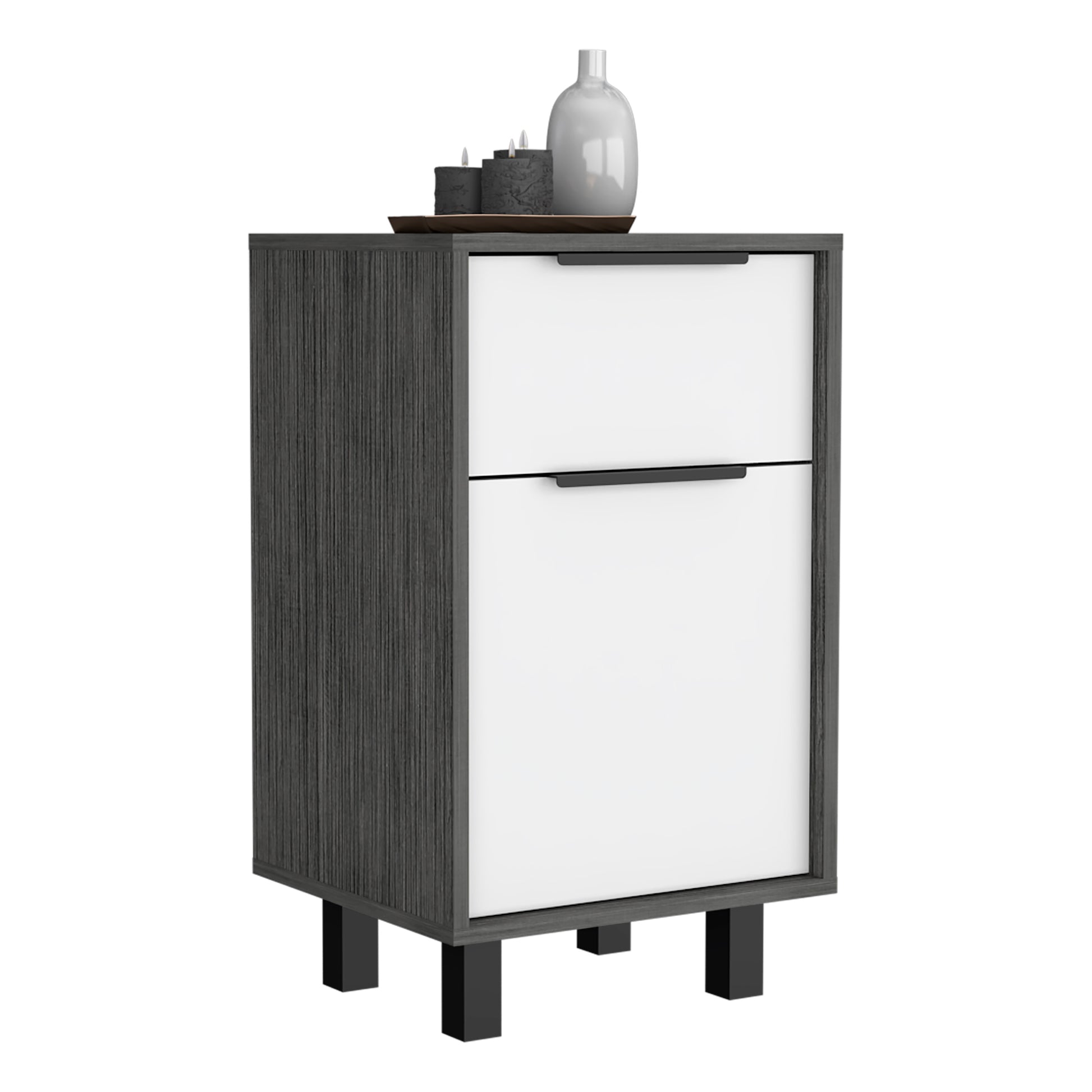 Nightstand 27" H, One Drawer, Storage With Door, Four Legs, Smokey Oak White Multicolor Particle Board Particle Board