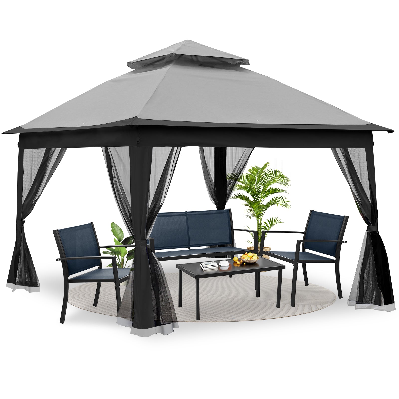 Outdoor 11X 11Ft Pop Up Gazebo Canopy With Removable Zipper Netting,2 Tier Soft Top Event Tent,Suitable For Patio Backyard Garden Camping Area,Grey Grey Metal