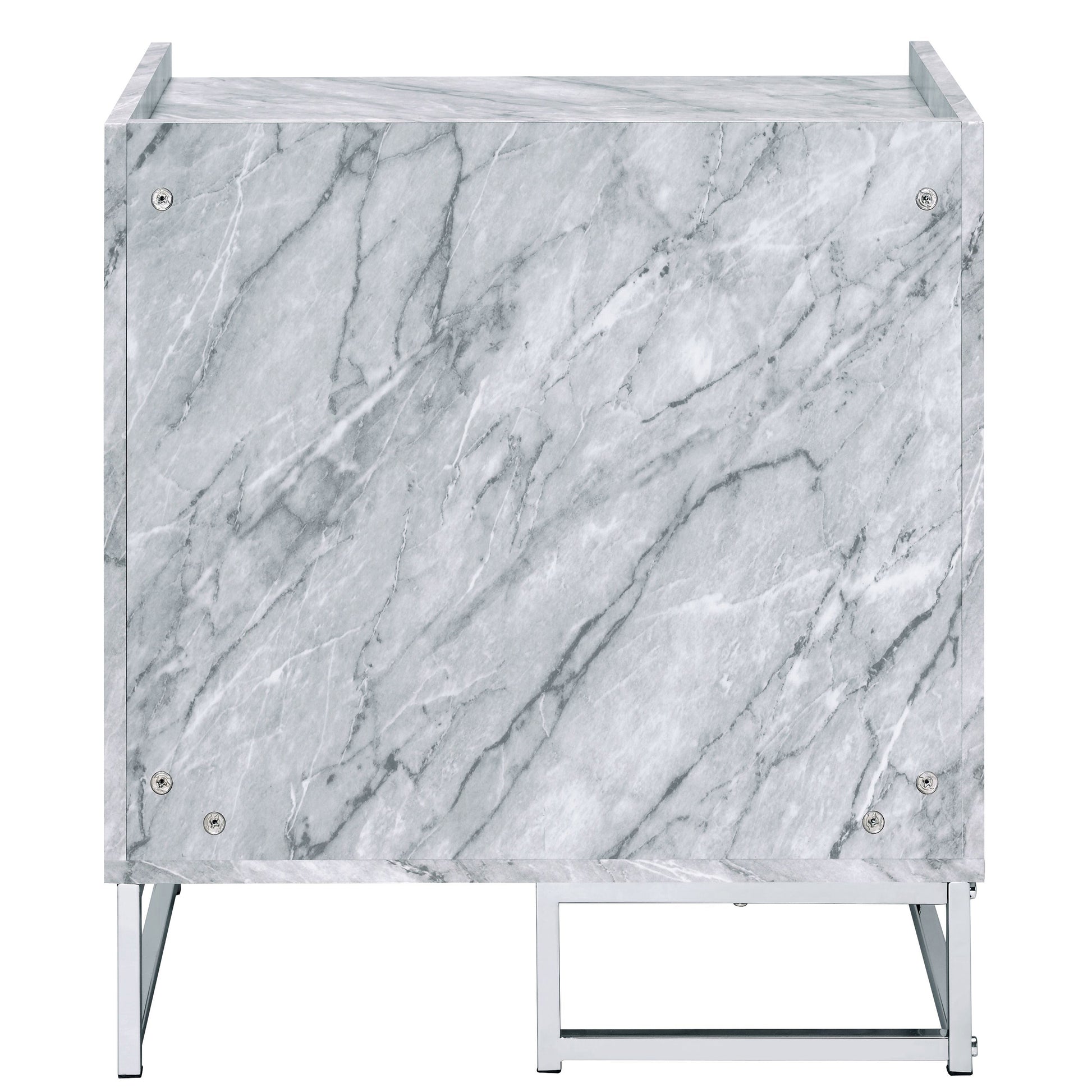 White Printed Faux Marble And Chrome Accent Table White Silver Primary Living Space Modern Drawers Rectangular Wood Metal Sled