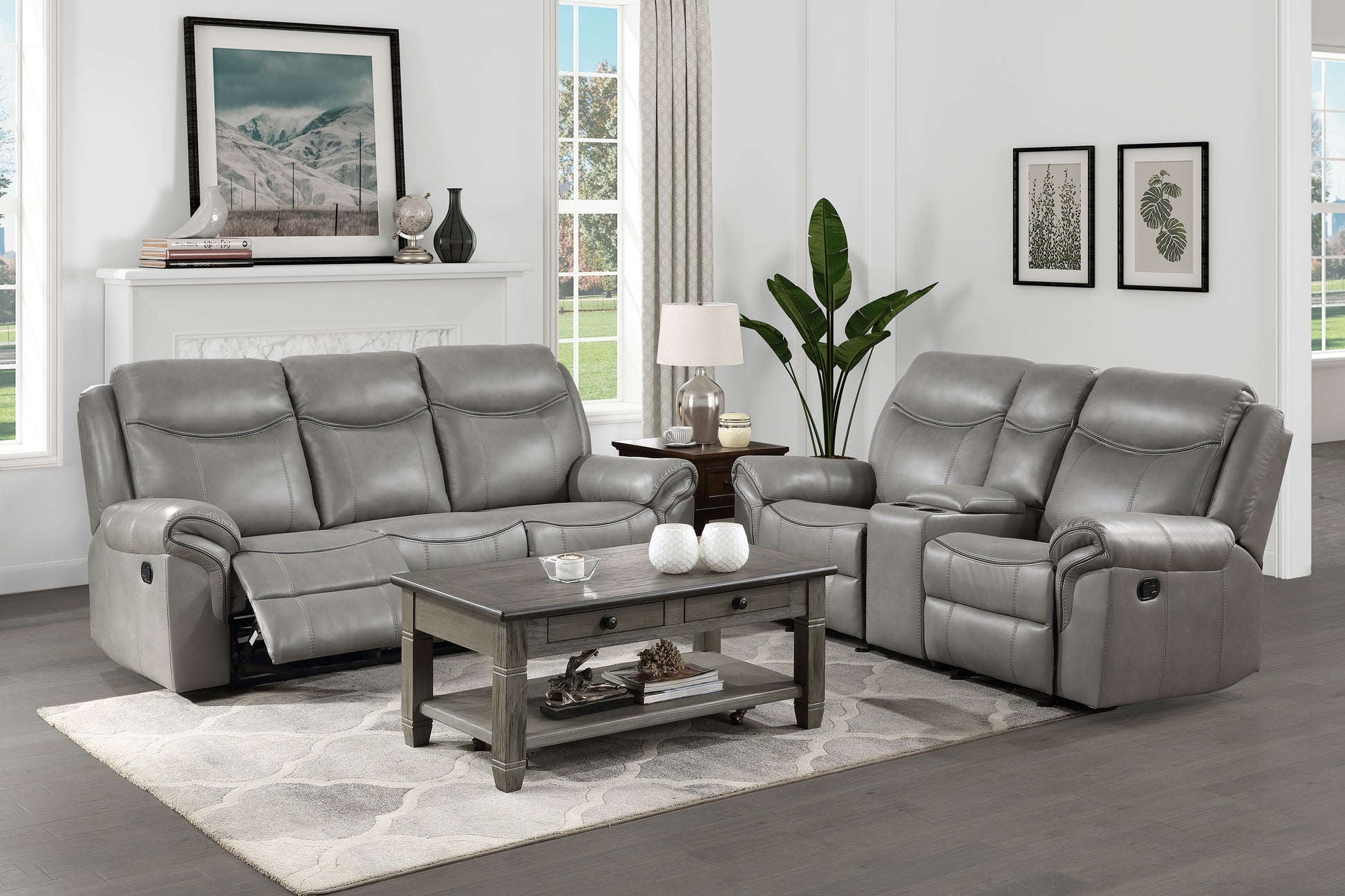 Gray 1Pc Double Reclining Sofa W Drop Down Cup Holders, Power Outlets Usb Ports Hidden Drawer Faux Leather Upholstery Comfortable Sofa Living Room Furniture Gray Faux Leather Wood Primary Living Space Solid Wood 3 Seat