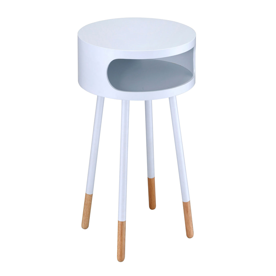 White And Natural Round 1 Shelf End Table White Primary Living Space Contemporary Shelves Round Wood Metal