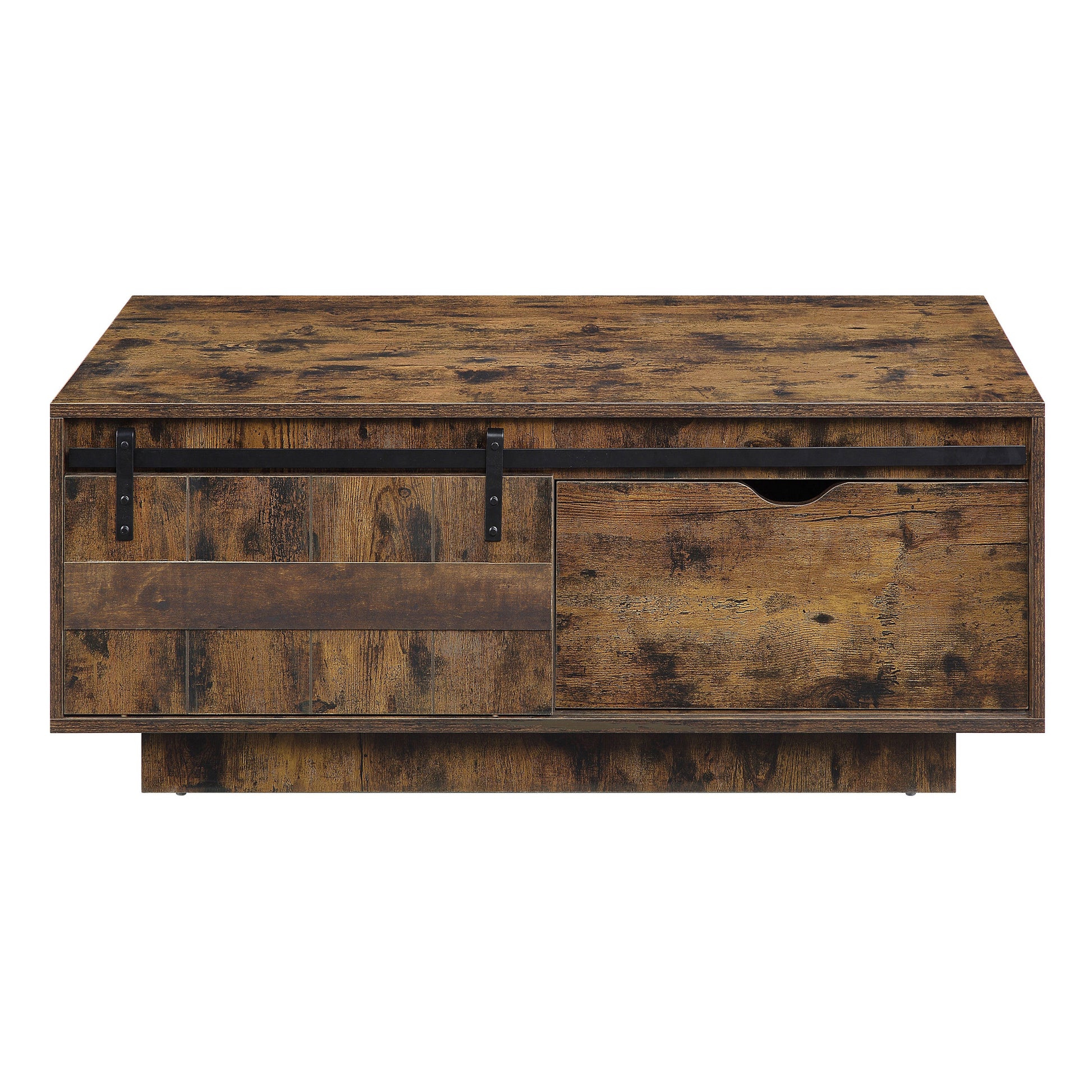 Rustic Oak Coffee Table With Sliding Barn Door Rustic Primary Living Space Farmhouse,Modern Drawers Rectangular Wood Metal Pedestal