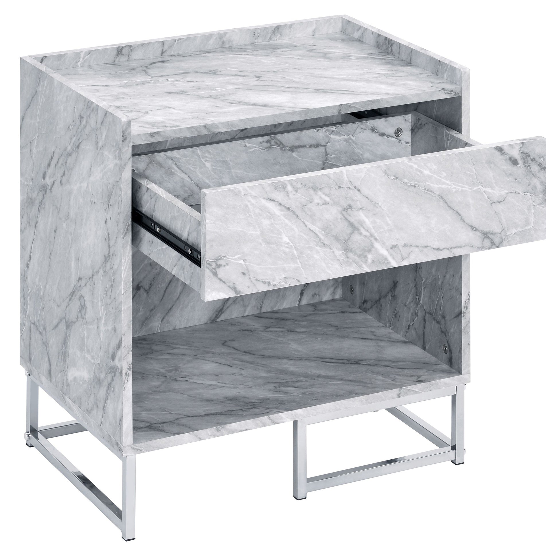 White Printed Faux Marble And Chrome Accent Table White Silver Primary Living Space Modern Drawers Rectangular Wood Metal Sled