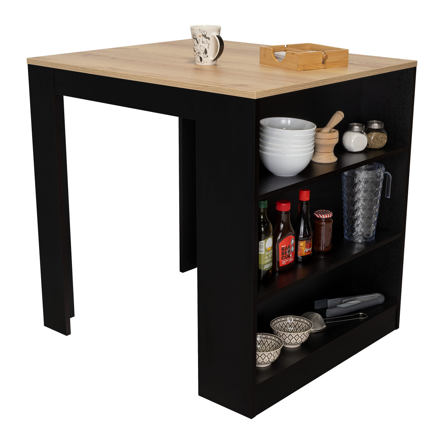 Tanna Kitchen Counter Dining Table ,Two Legs, Three Side Shelves Black Pine Multicolor Particle Board Particle Board