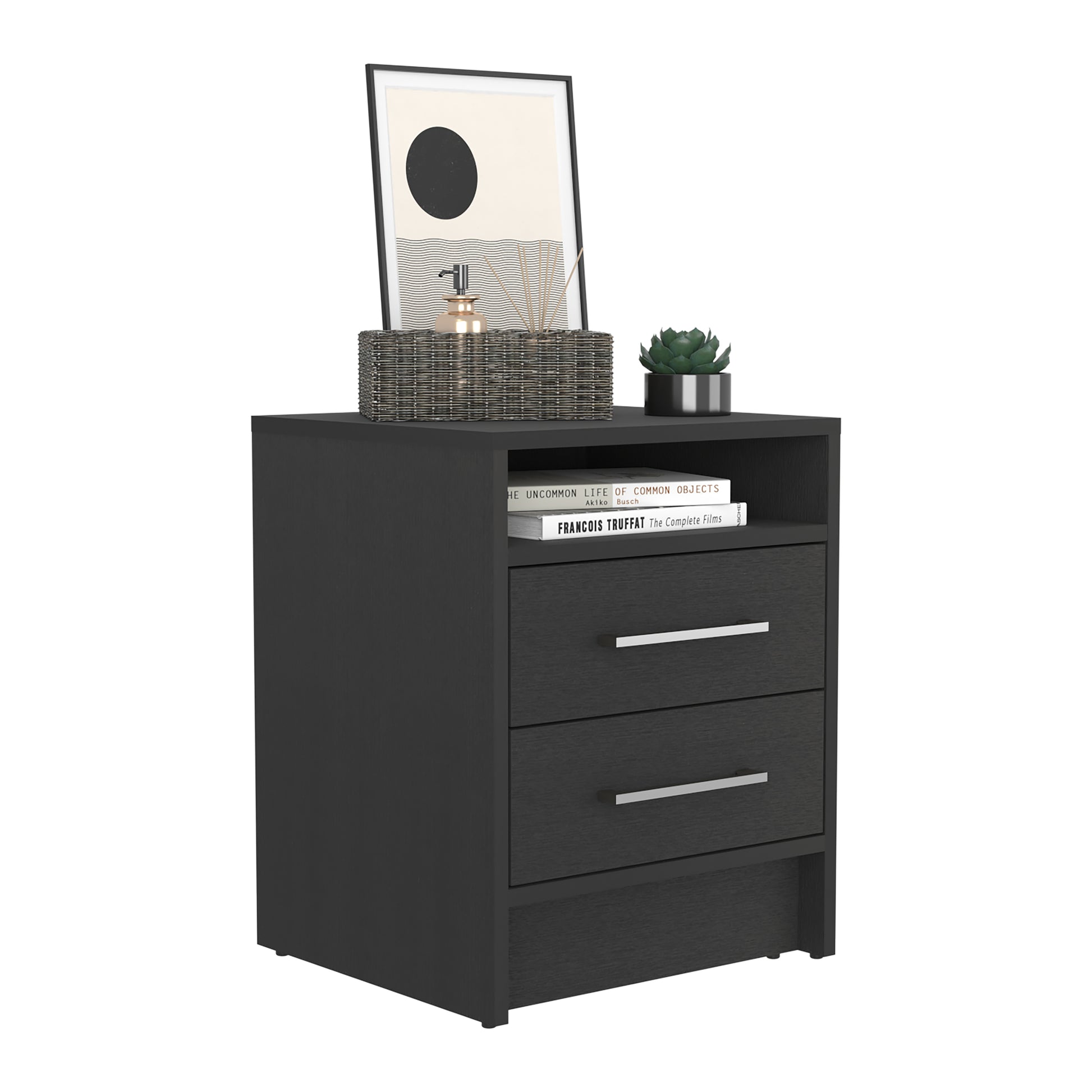 Nightstand 20"H, Two Drawers, Superior Top, Metal Handles, Black Black Particle Board Particle Board