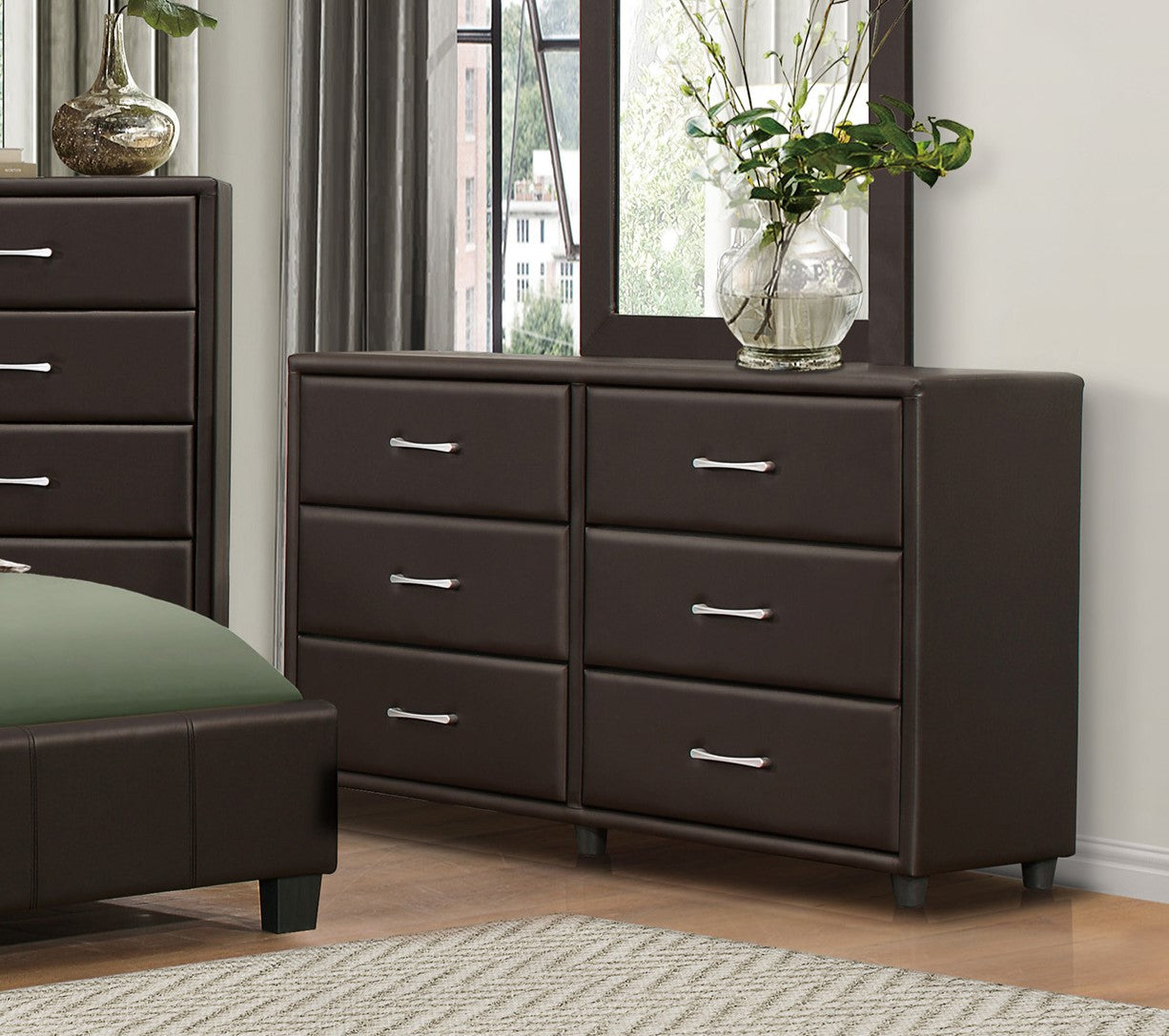 Contemporary Design Bedroom 1Pc Dresser Of 6 Drawers Faux Leather Upholstery, Dark Brown Furniture Dark Brown Bedroom Contemporary Plywood Contemporary Design Bedroom 1Pc Dresser Of 6 Drawers Faux Leather Upholstery, Dark Brown Furniture Dark Brown Bedroom Contemporary Plywood