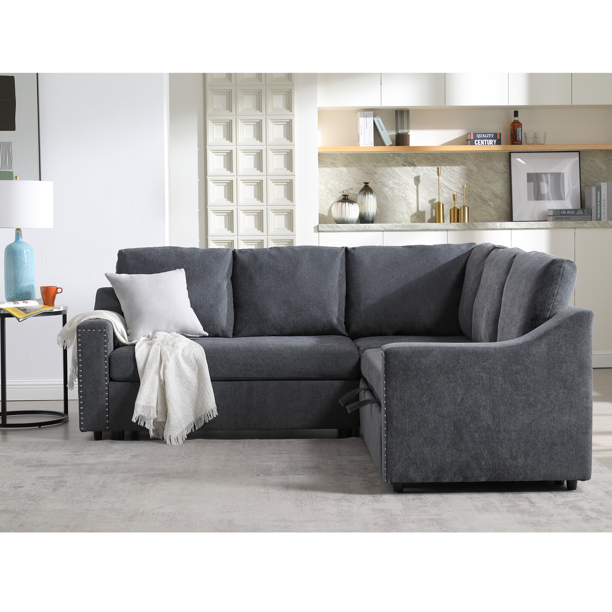 Arrived L Shaped Sofa With Pull Out Sofa Bed, Corner Sofa,Comfortable Living Room Furniture Set, Sleeper Sofa Bed,Corner Seat For Two With Broaching Sofa,Rivet Dechenille,Gray Gray Polyester Wood Primary Living Space Modern Polyester 5 Seat