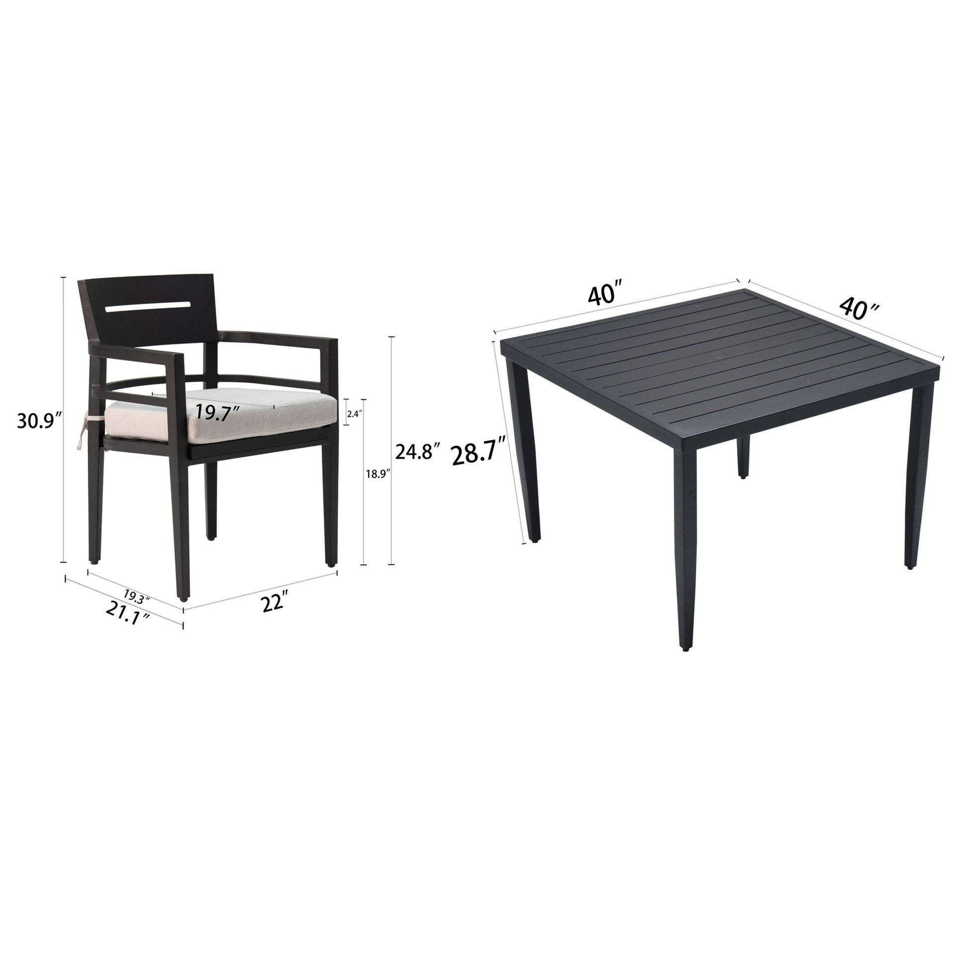 5 Piece Outdoor Patio Aluminum Furniture, Modern Dining Set, Including 4 Dining Chairs Sunbrella Fabric Cushioned And 40" Square Dining Table With Umbrella Hole, Ember Black Yes Dining Set Ember Black Seats 4 Rust Resistant Frame Fade Resistant Cushion