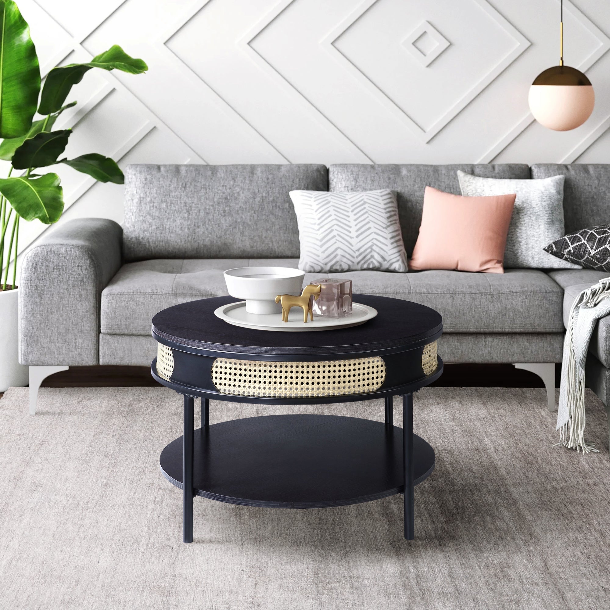 Black Round Coffee Table With Bottom Shelf Black Primary Living Space Modern Shelves Round Wood Metal