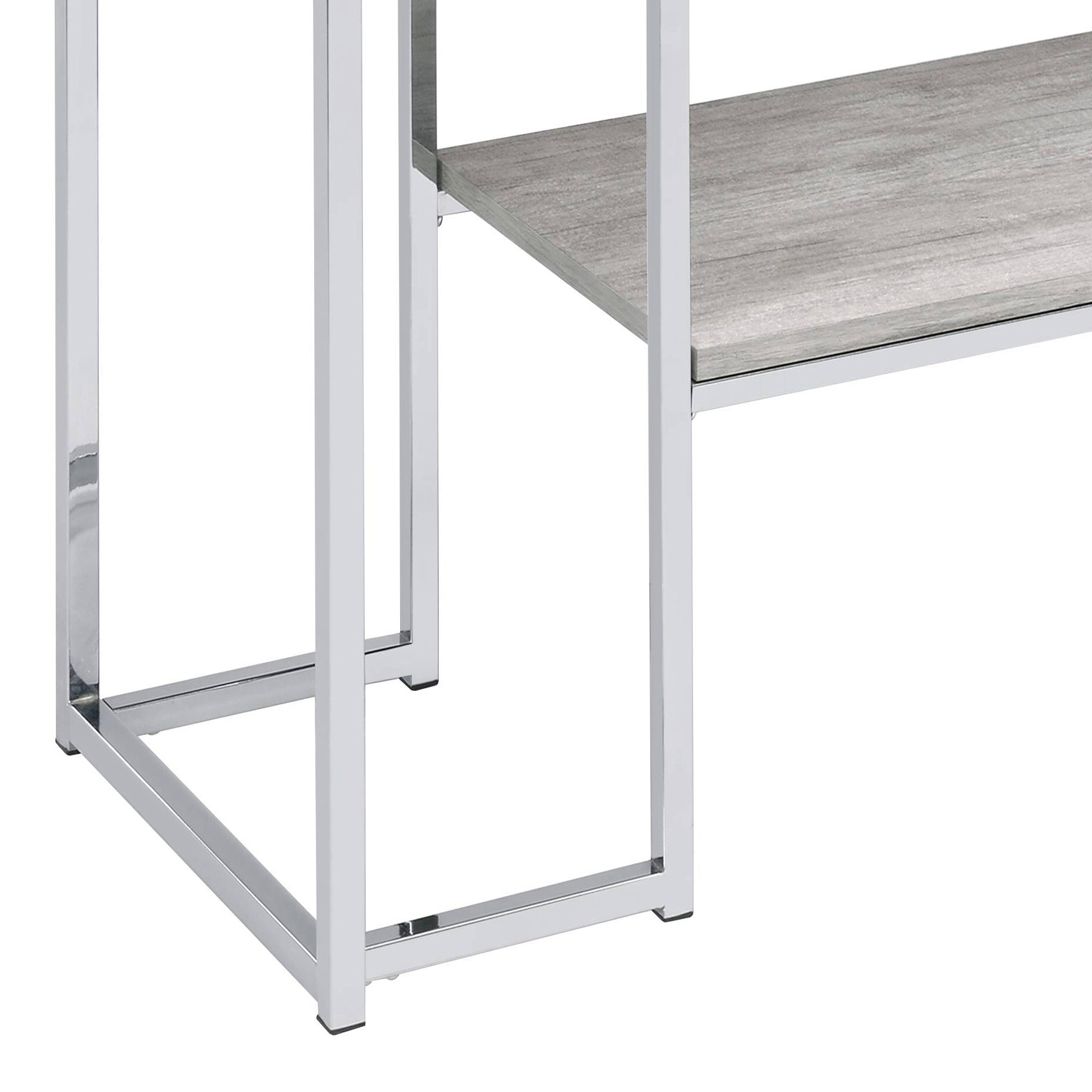 Natural Oak And Chrome Sofa Table Grey Silver Primary Living Space Contemporary Shelves Rectangular Wood Metal Sled